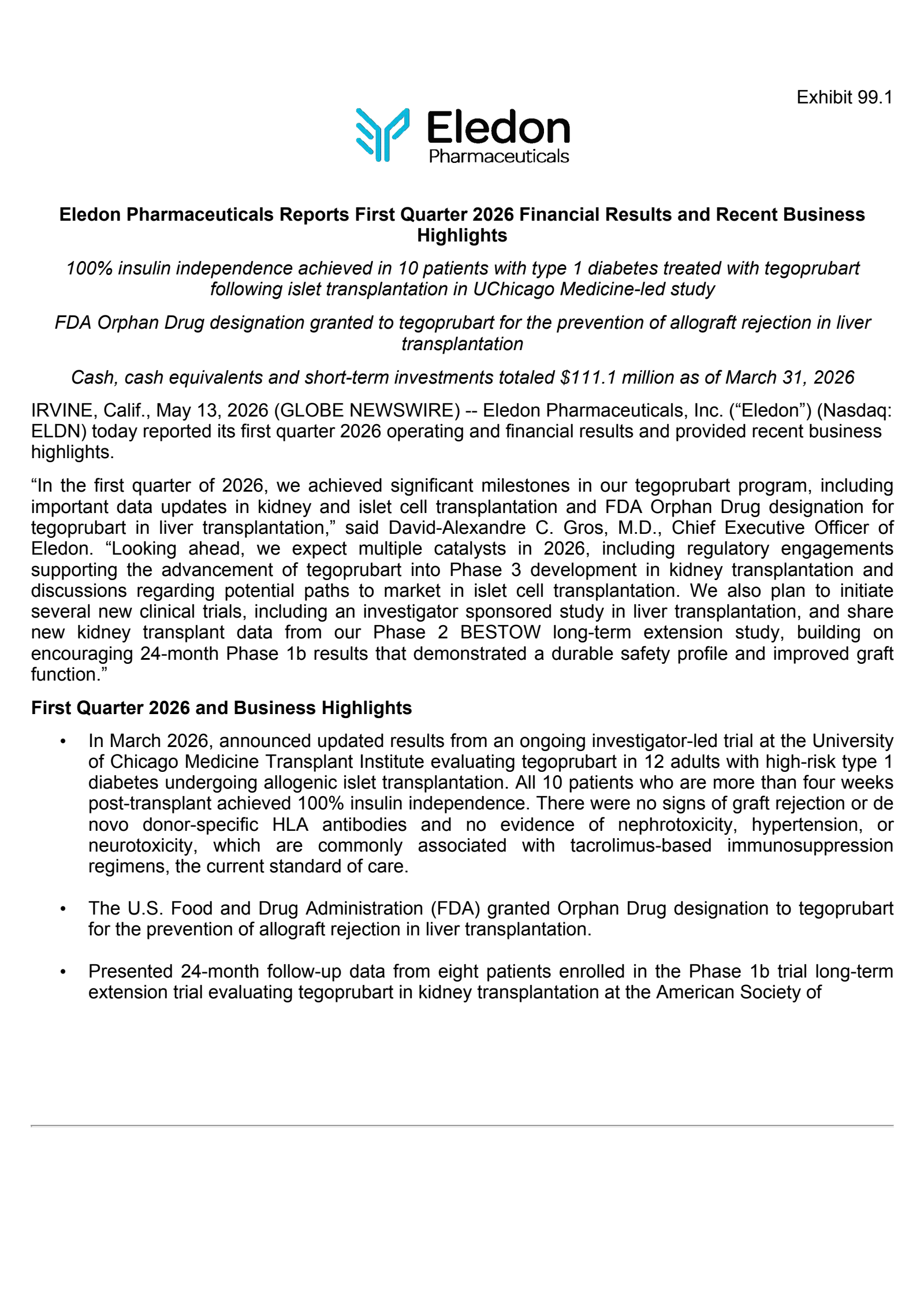 Eledon Pharmaceuticals' Q1 2026 Press Release