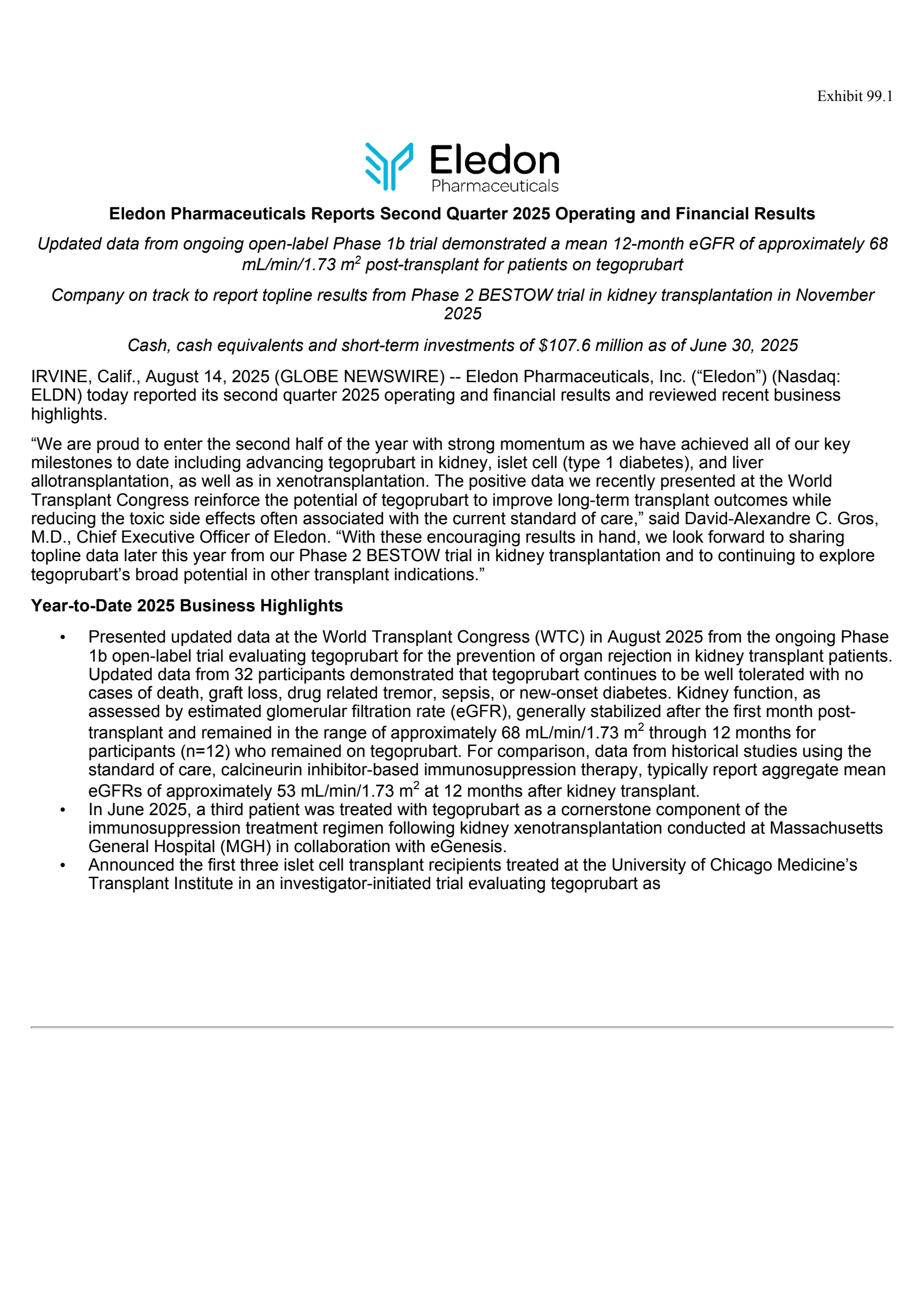 Eledon Pharmaceuticals' Q2 2025 Press Release
