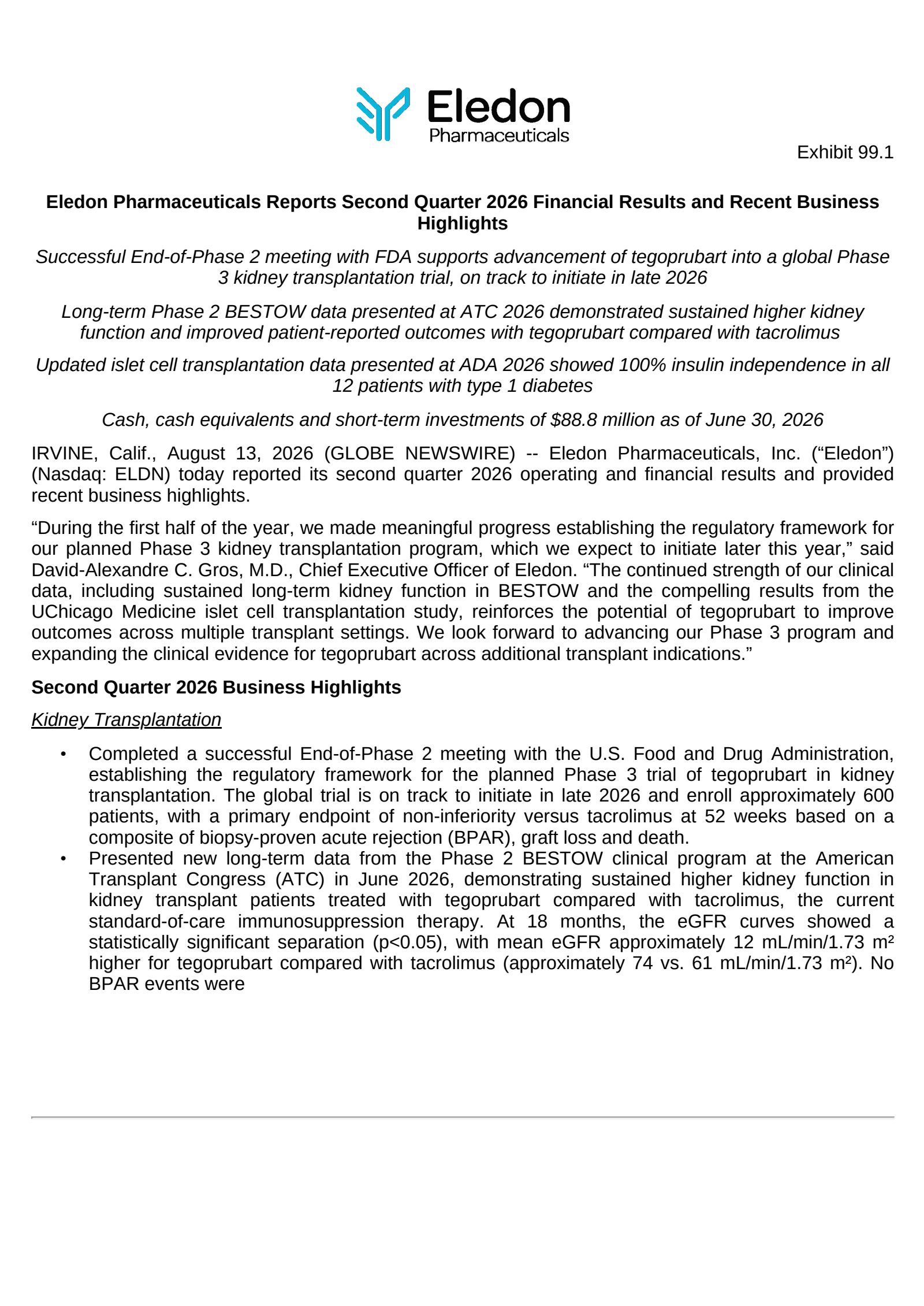 Eledon Pharmaceuticals' Q2 2026 Press Release