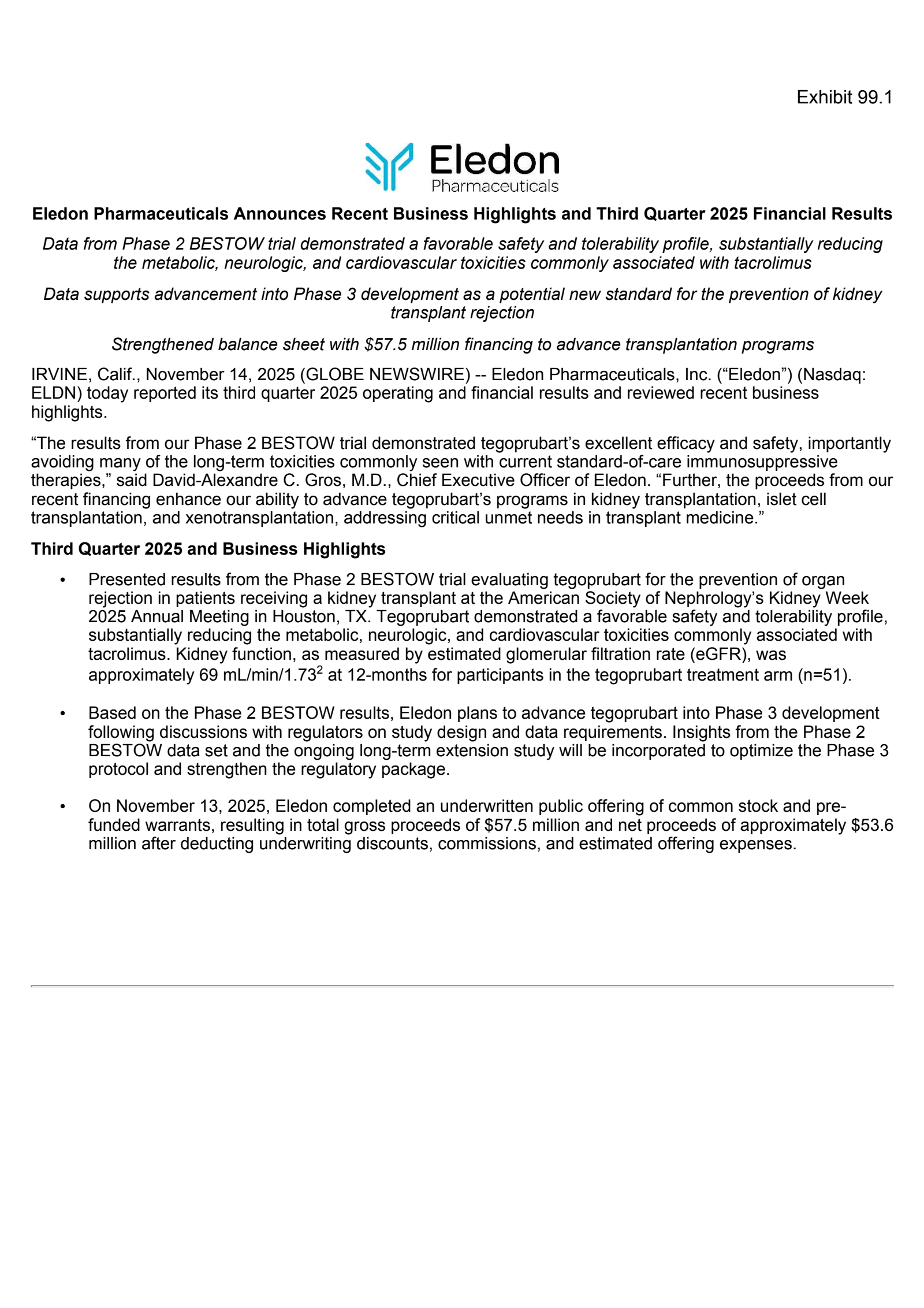 Eledon Pharmaceuticals' Q3 2025 Earnings Release