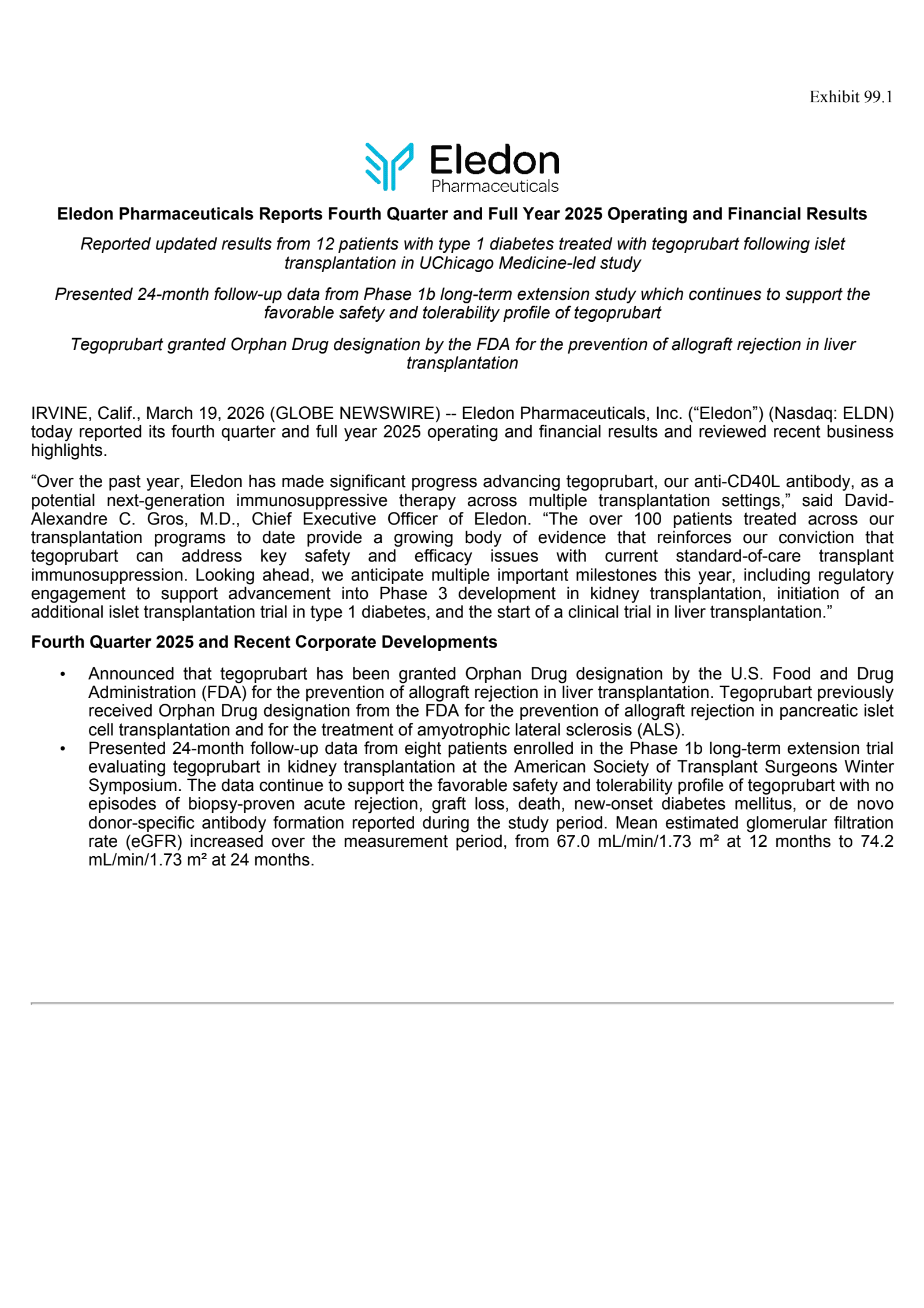 Eledon Pharmaceuticals' Q4 2025 Press Release