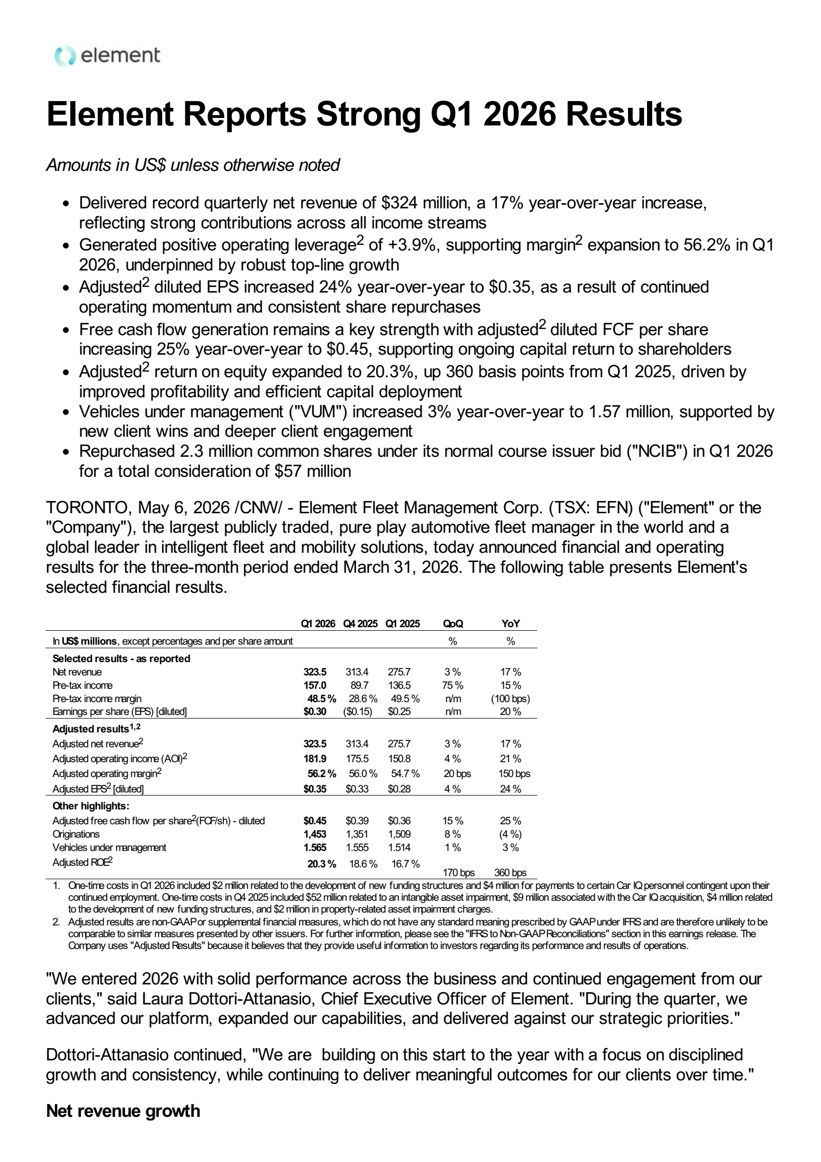 Element Fleet Management's Q1 2026 Press Release