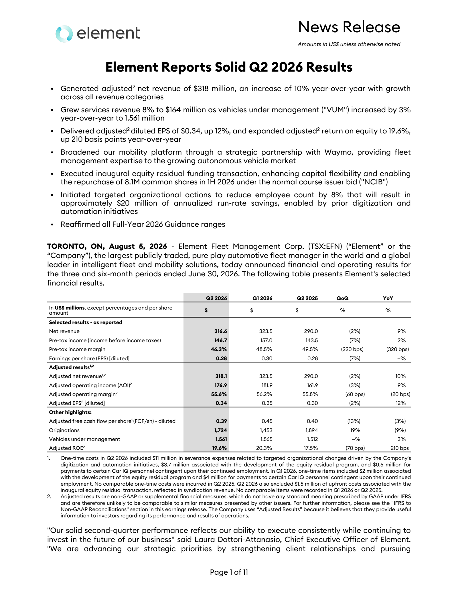 Element Fleet Management's Q2 2026 Press Release