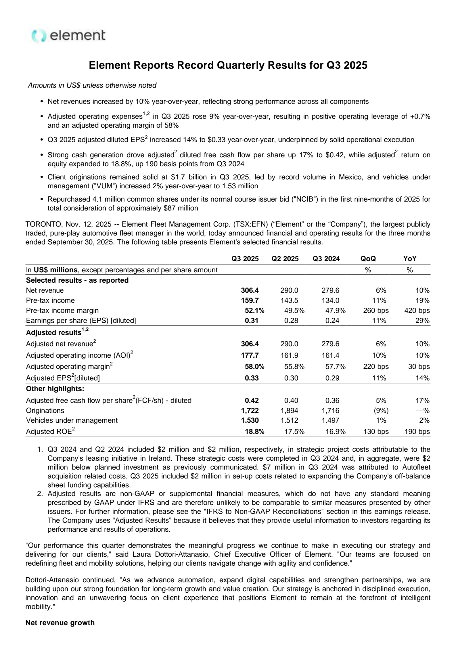 Element Fleet Management's Q3 2025 Earnings Release
