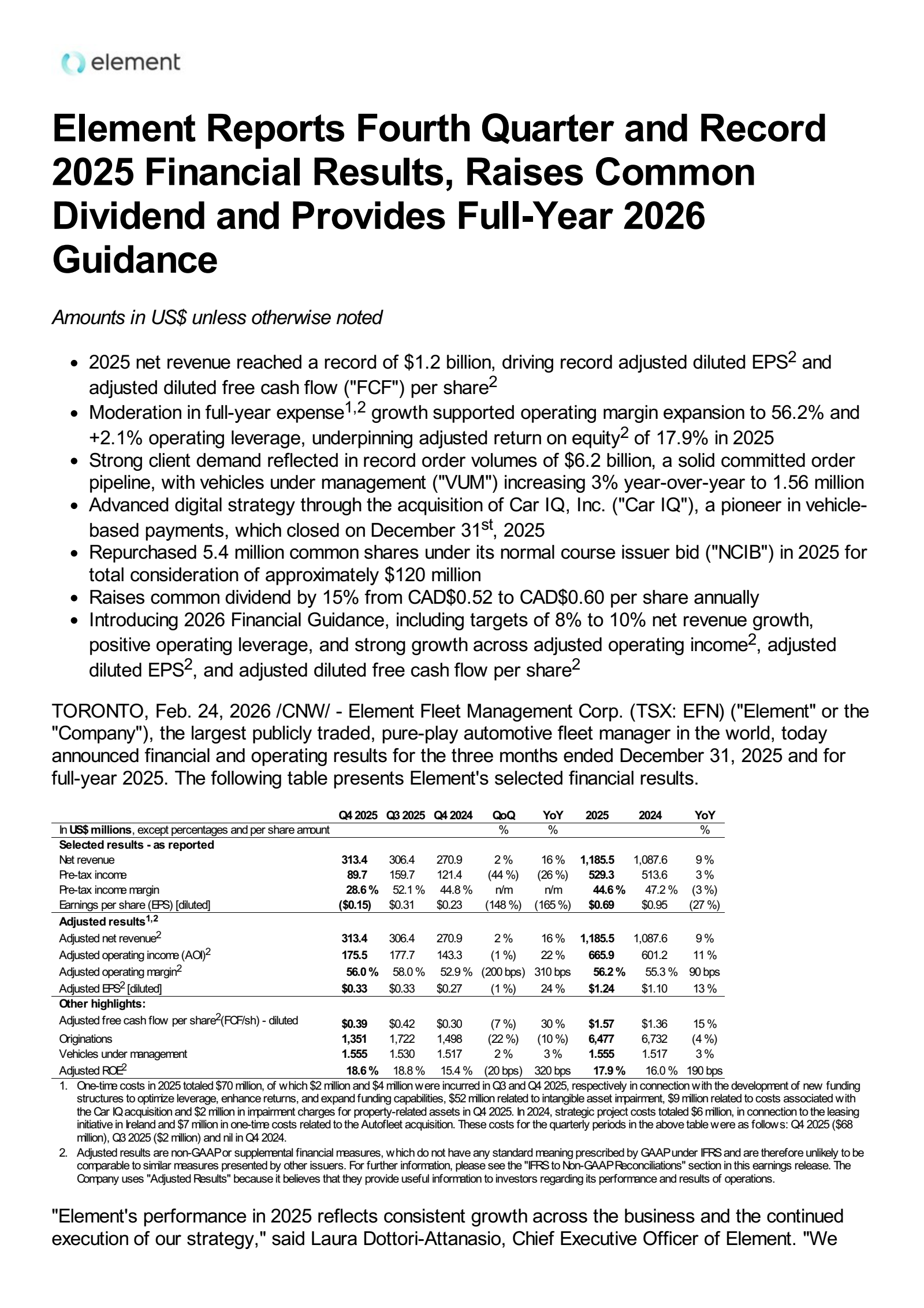 Element Fleet Management's Q4 2025 Press Release