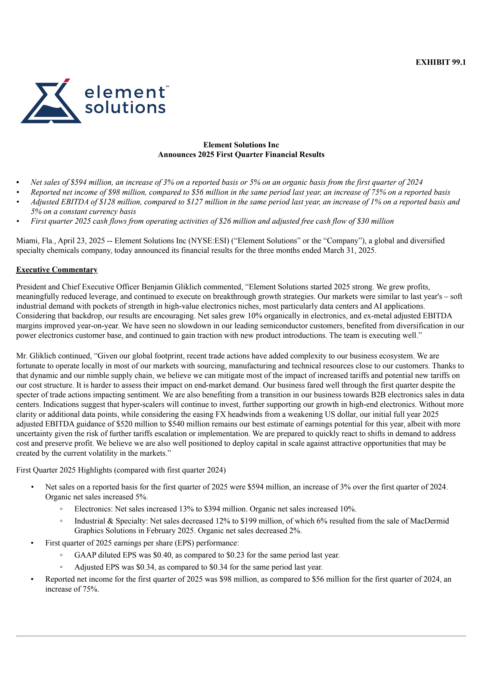 Element Solutions' Q1 2025 Press Release