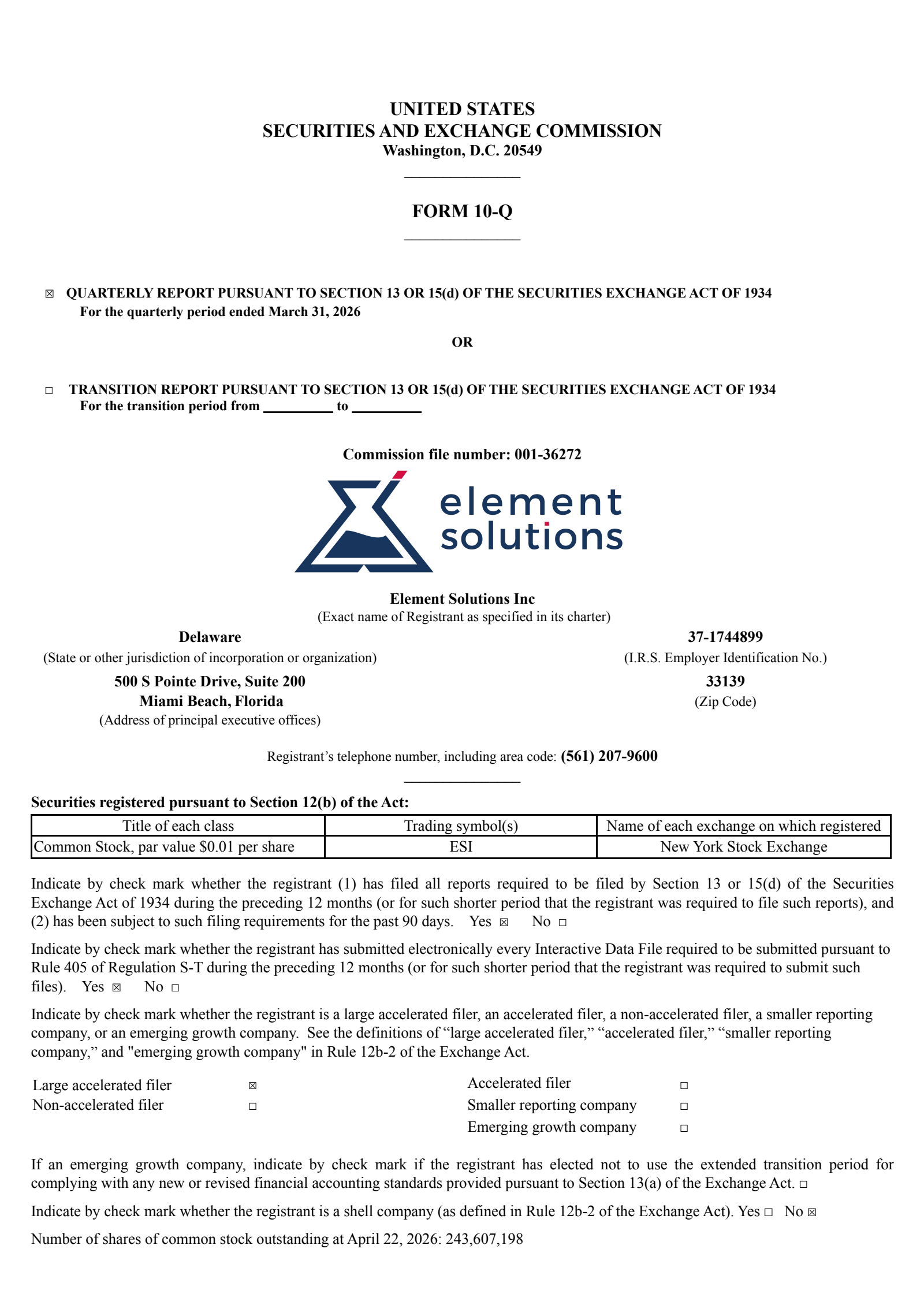 Element Solutions' Q1 2026 Quarterly report
