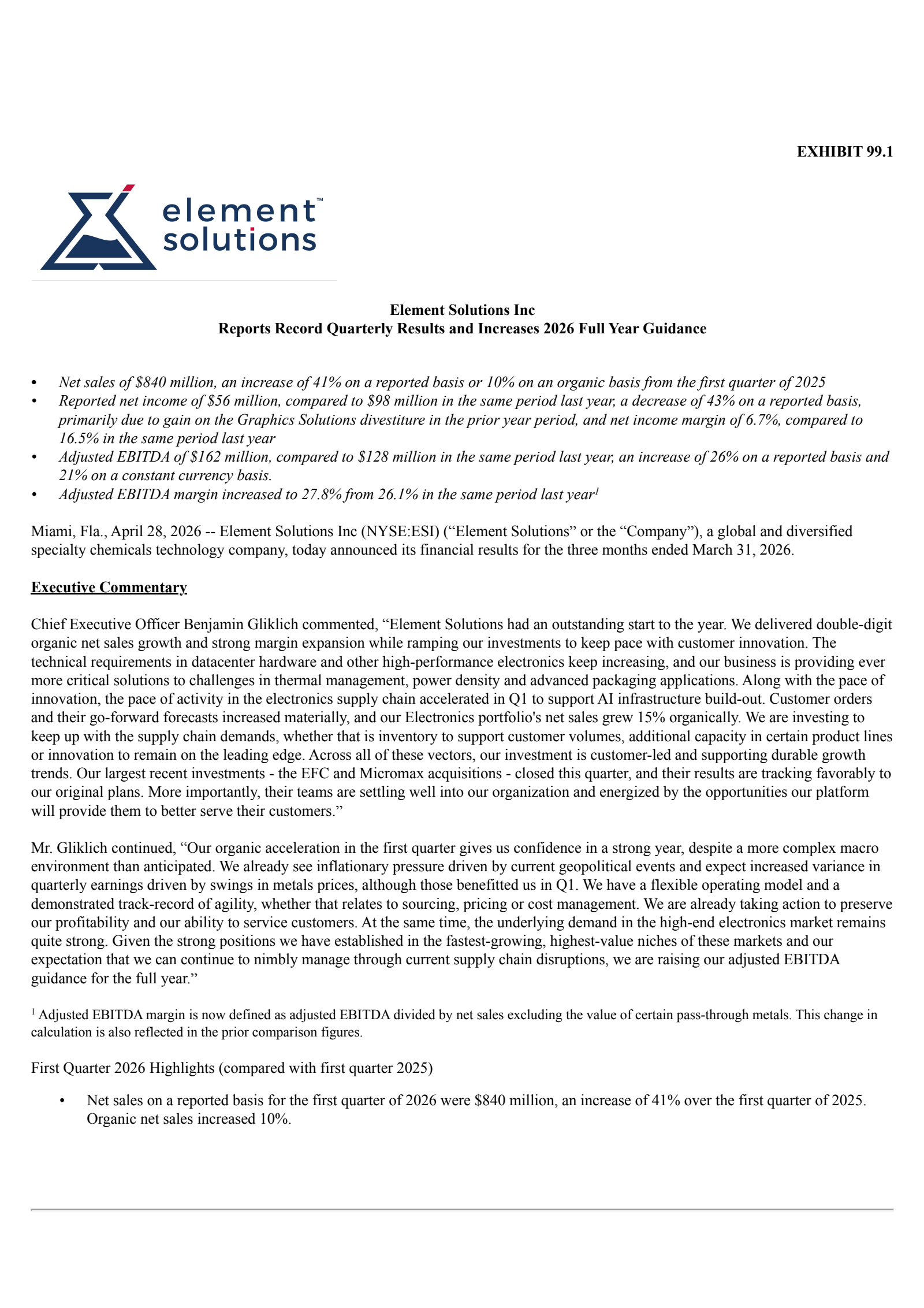 Element Solutions' Q1 2026 Press Release