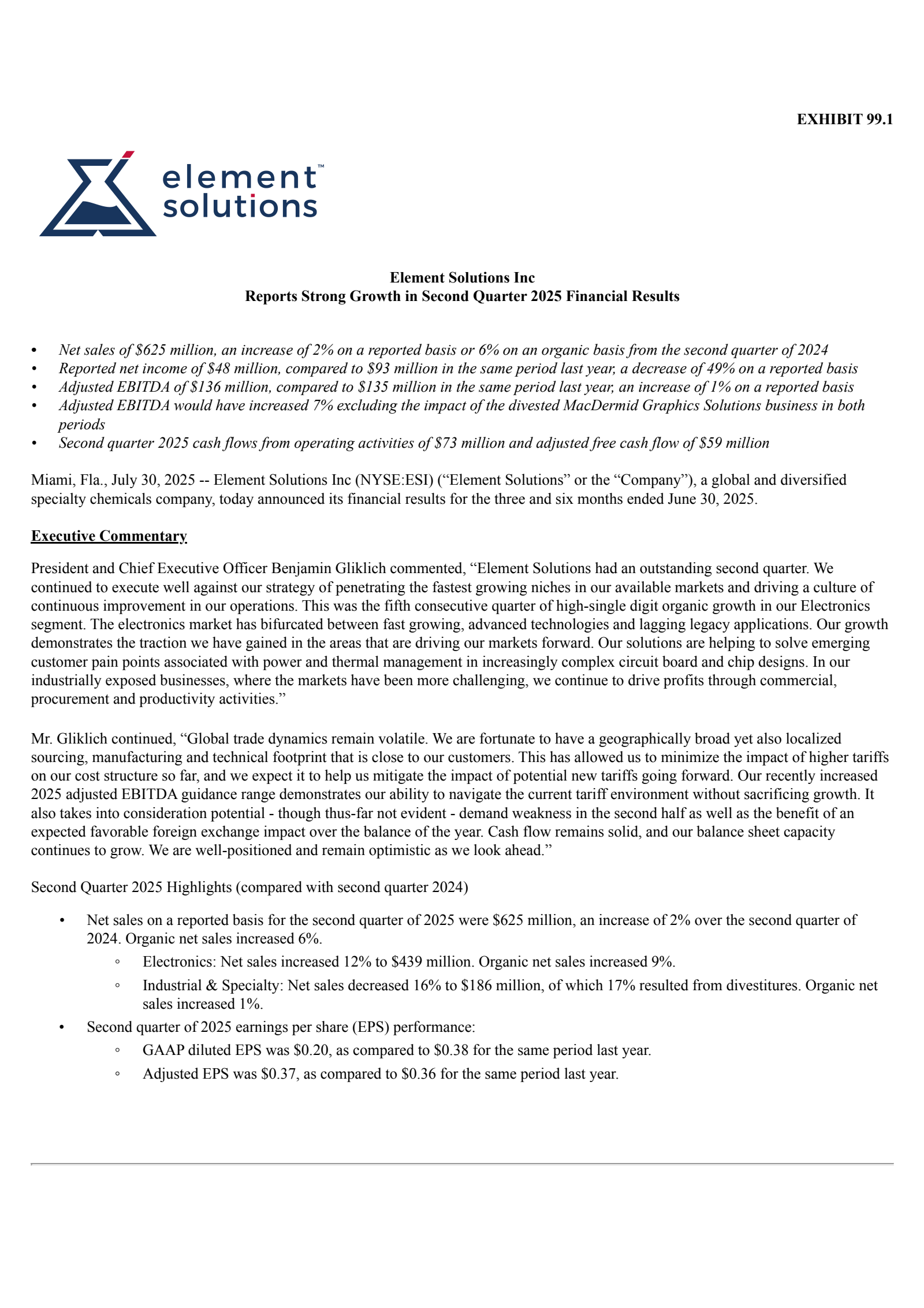 Element Solutions' Q2 2025 Press Release