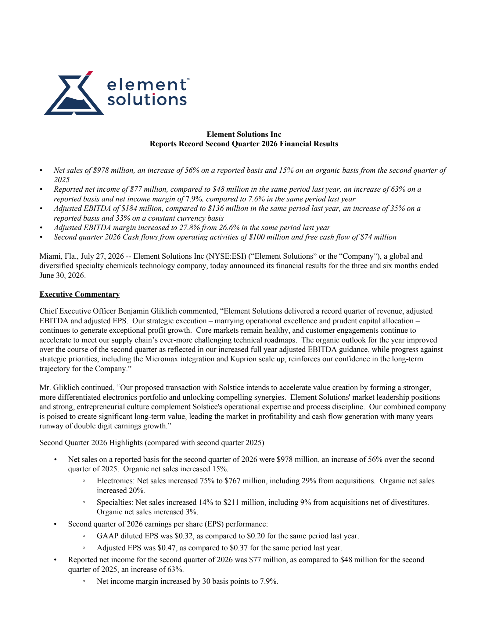 Element Solutions' Q2 2026 Press Release