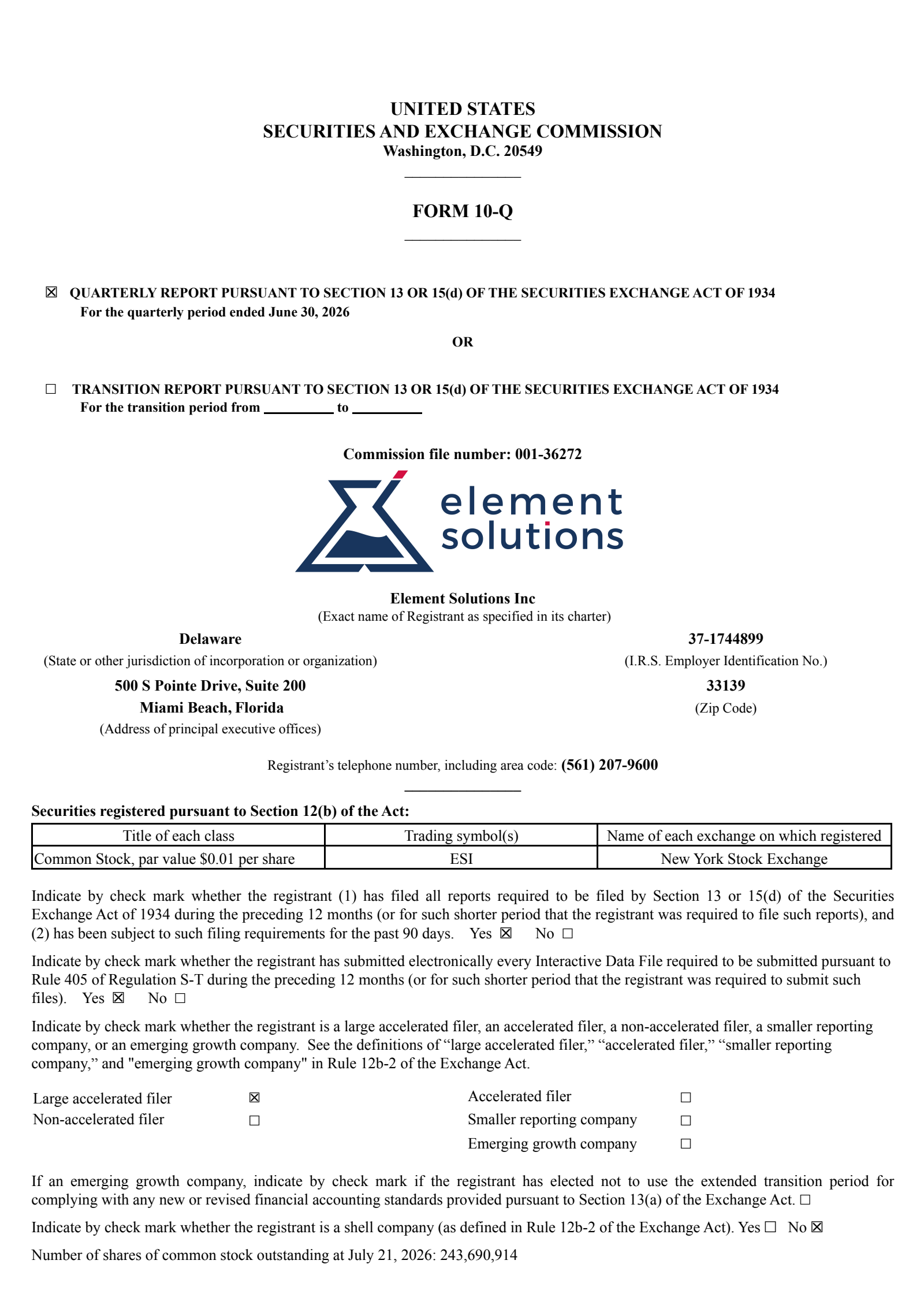Element Solutions' Q2 2026 Quarterly report