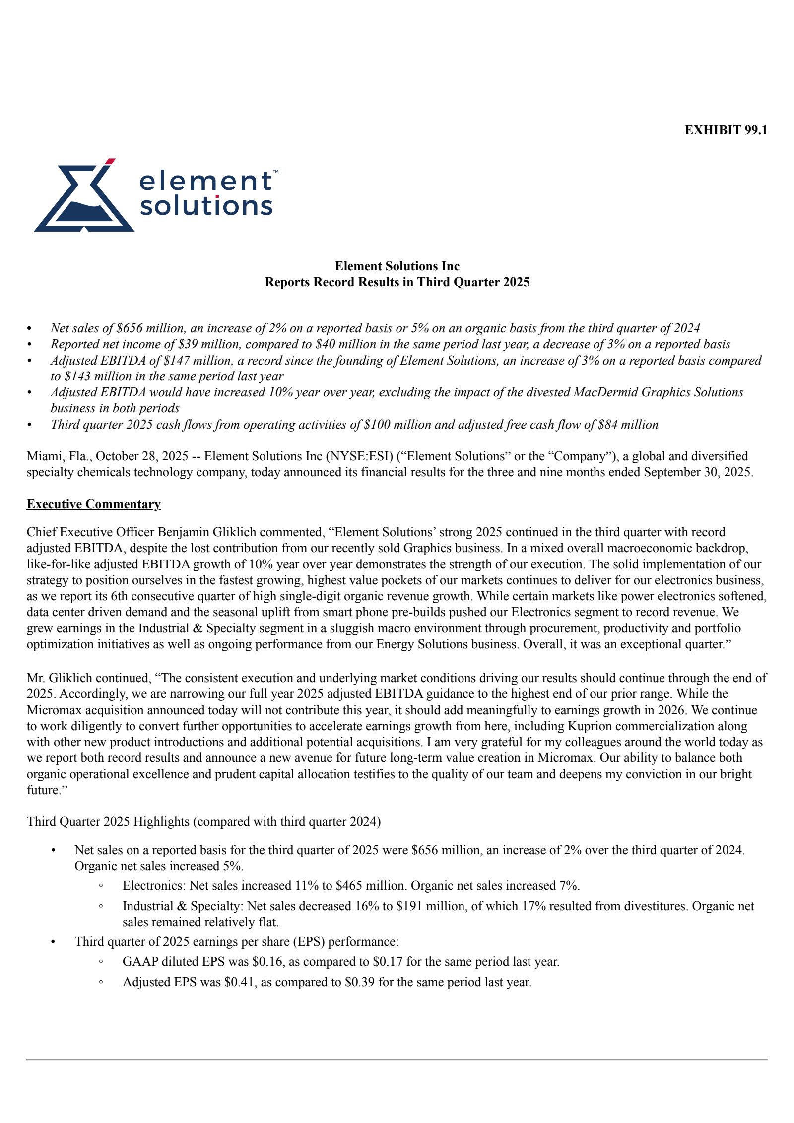 Element Solutions' Q3 2025 Earnings Release