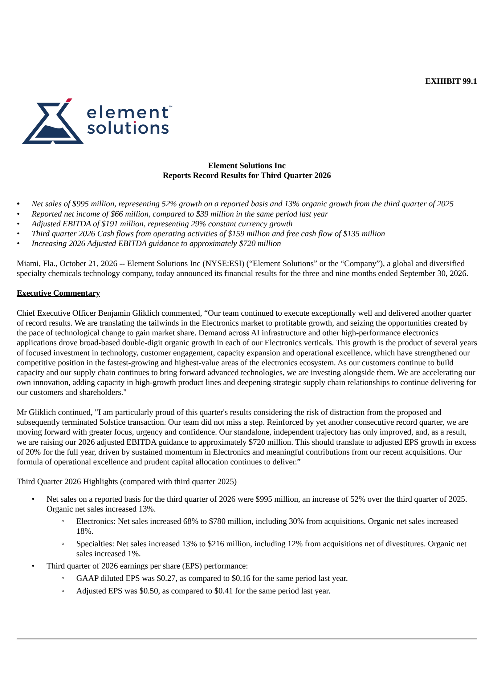 Element Solutions' Q3 2026 Press Release