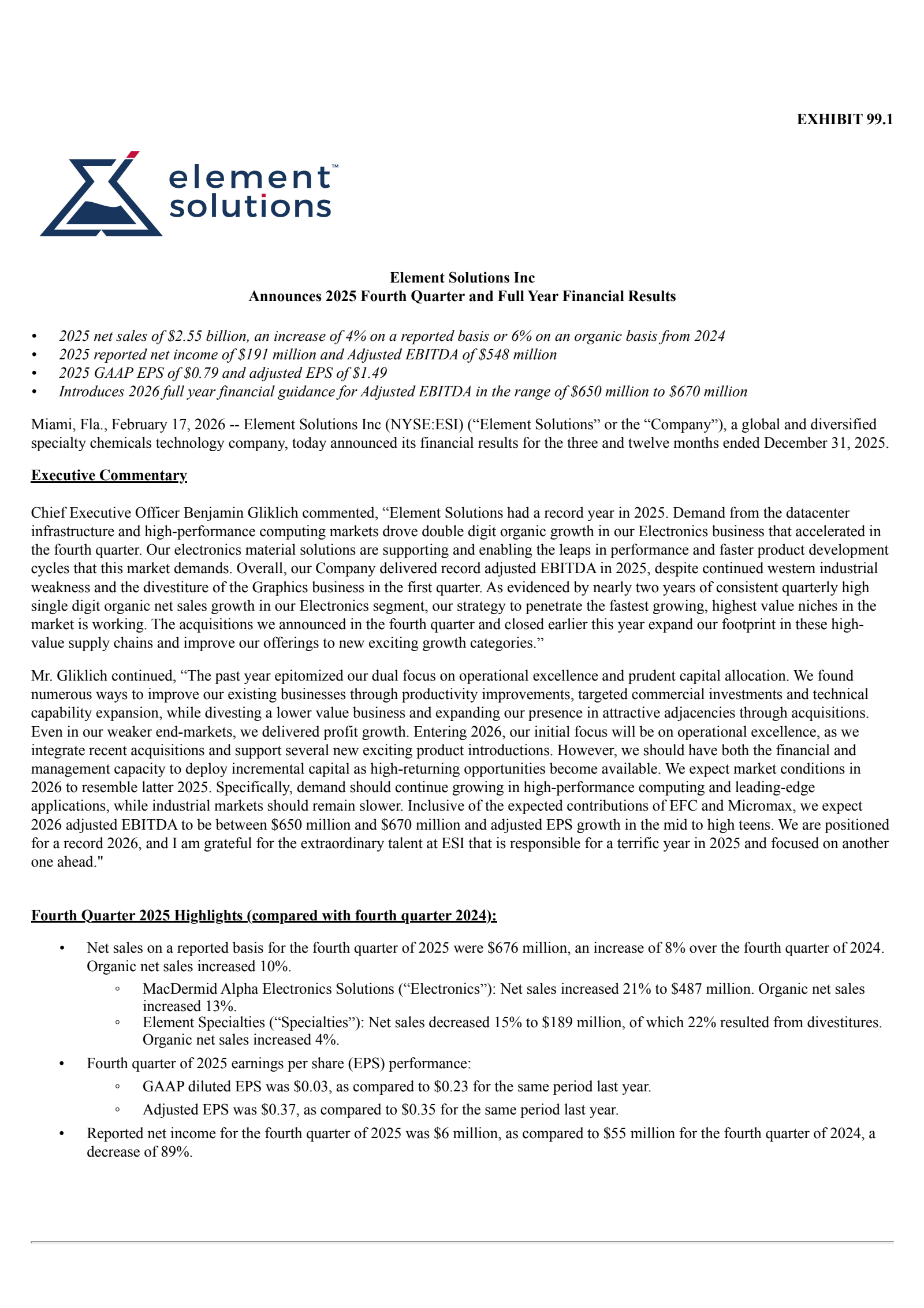 Element Solutions' Q4 2025 Press Release
