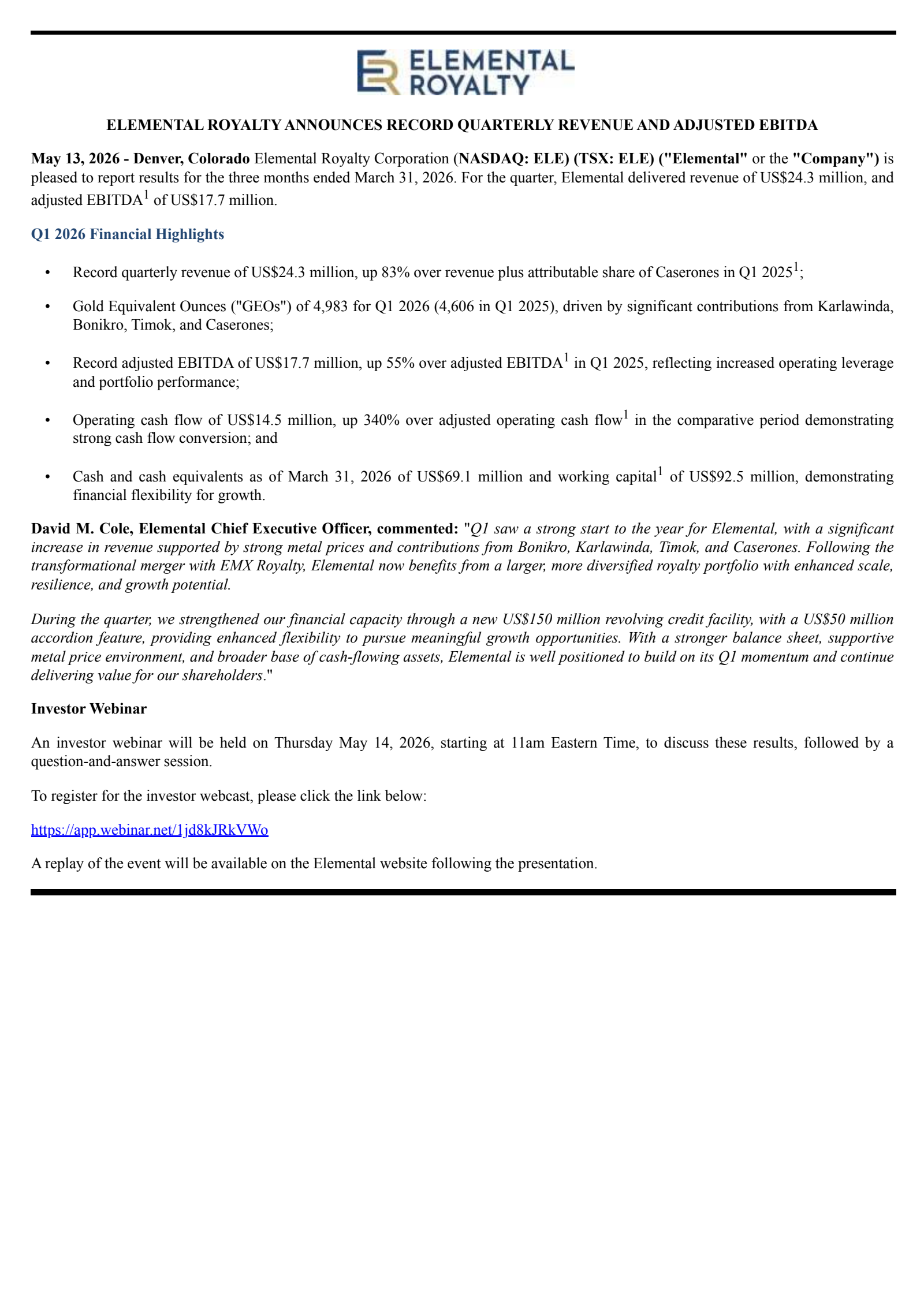 Elemental Royalty's Q1 2026 Press Release