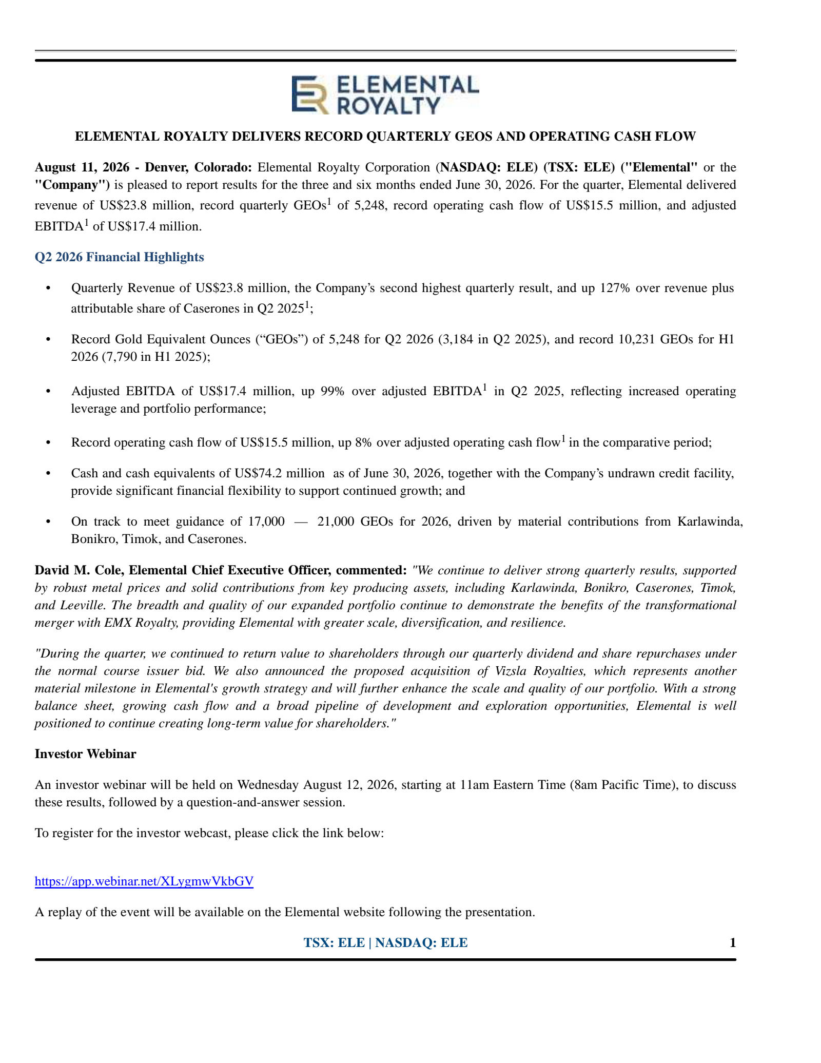 Elemental Royalty's Q2 2026 Press Release