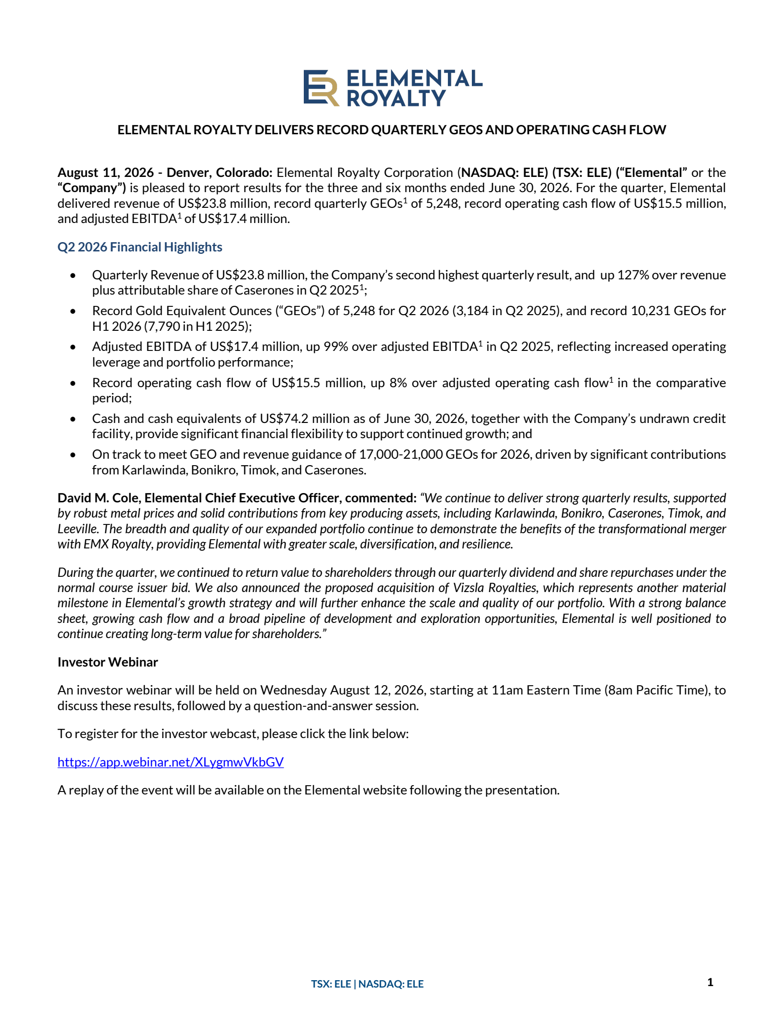 Elemental Royalty's Q2 2026 Press Release