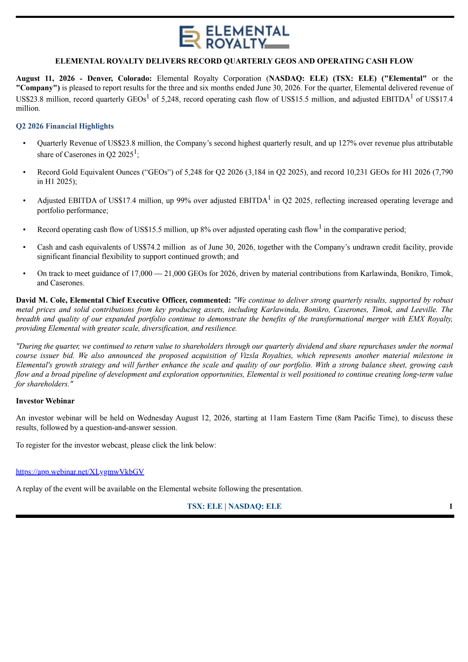 Elemental Royalty's Q2 2026 Press Release