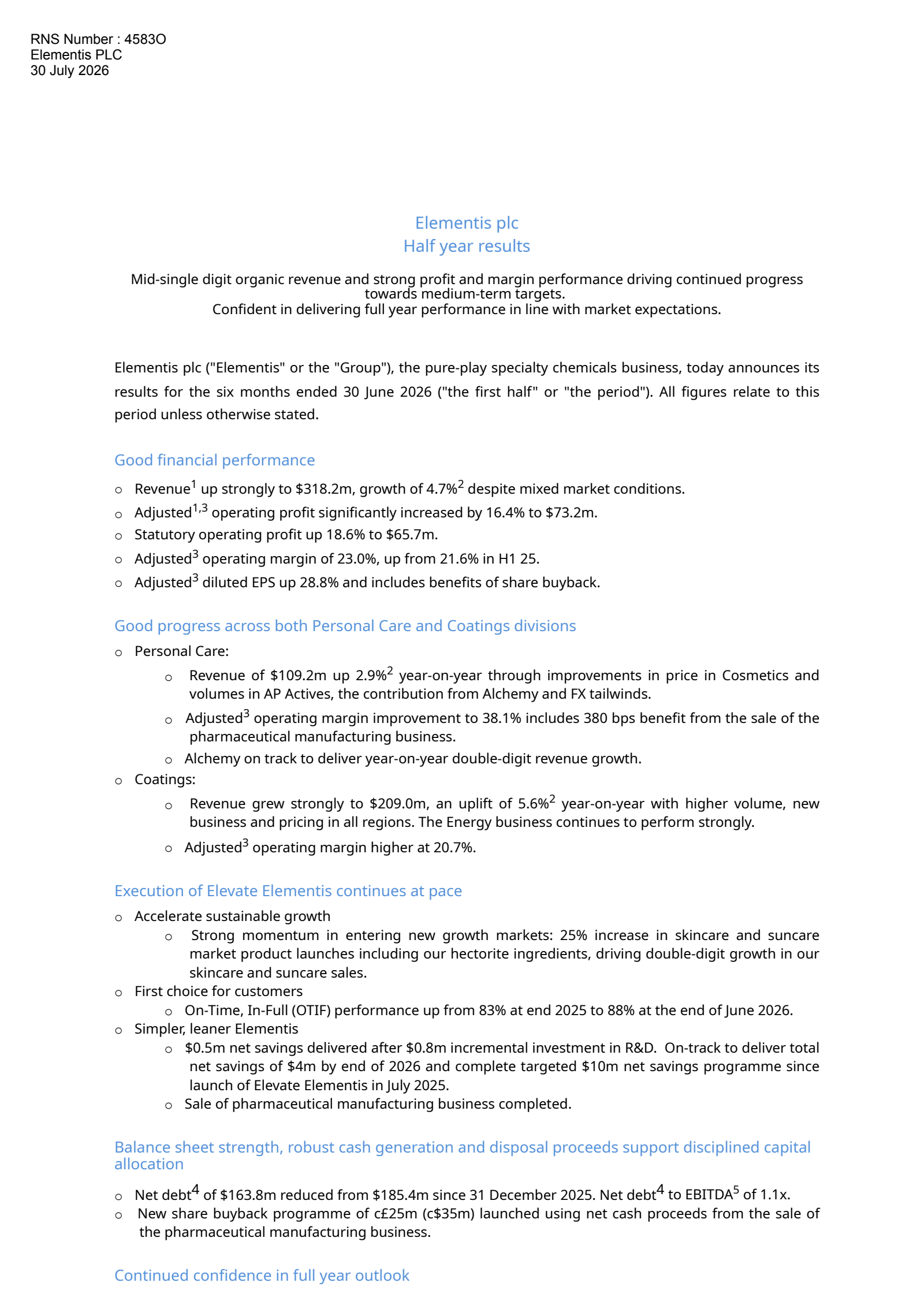 Elementis' H1 2026 Interim report