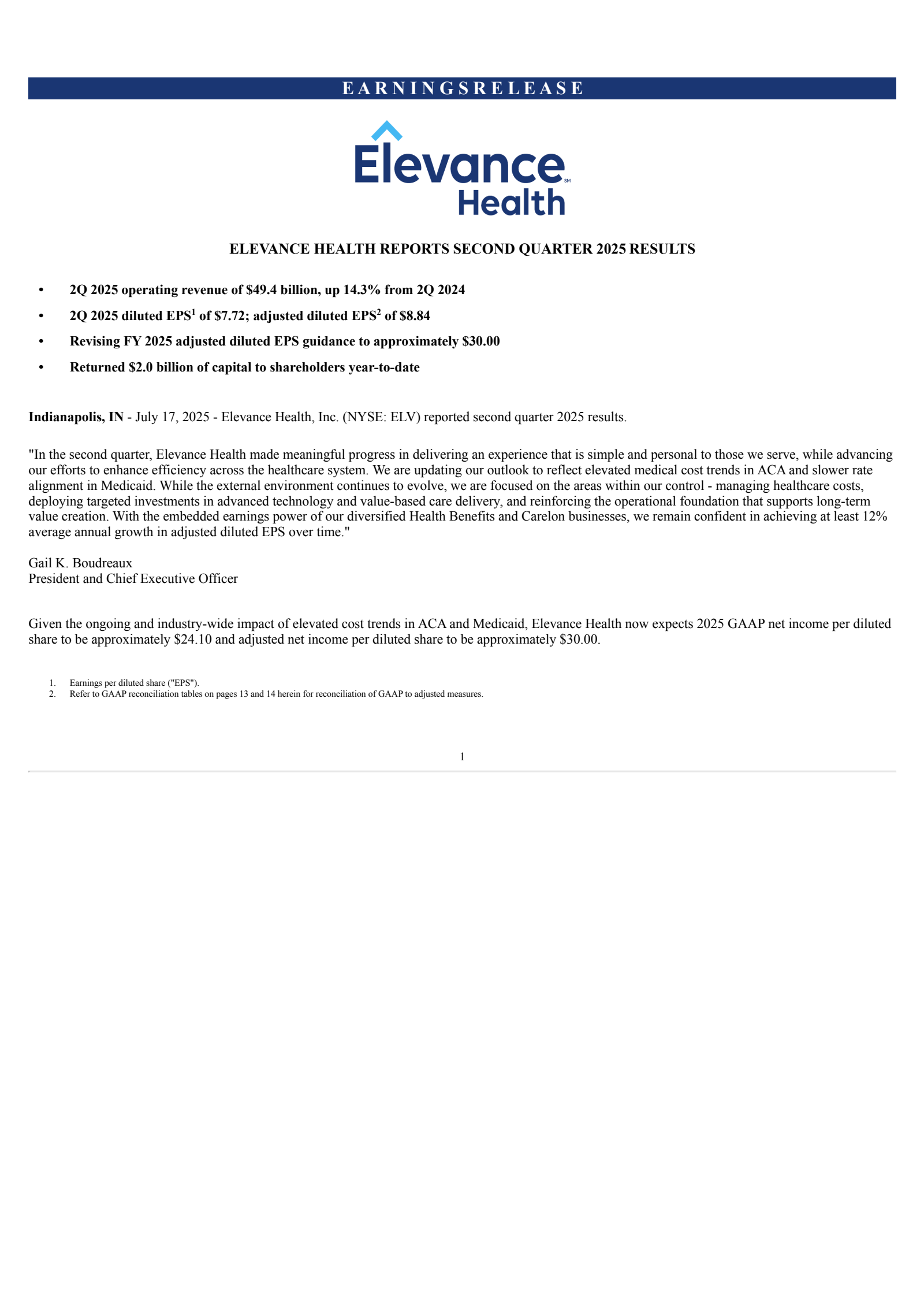 Elevance Health's Q2 2025 Press Release