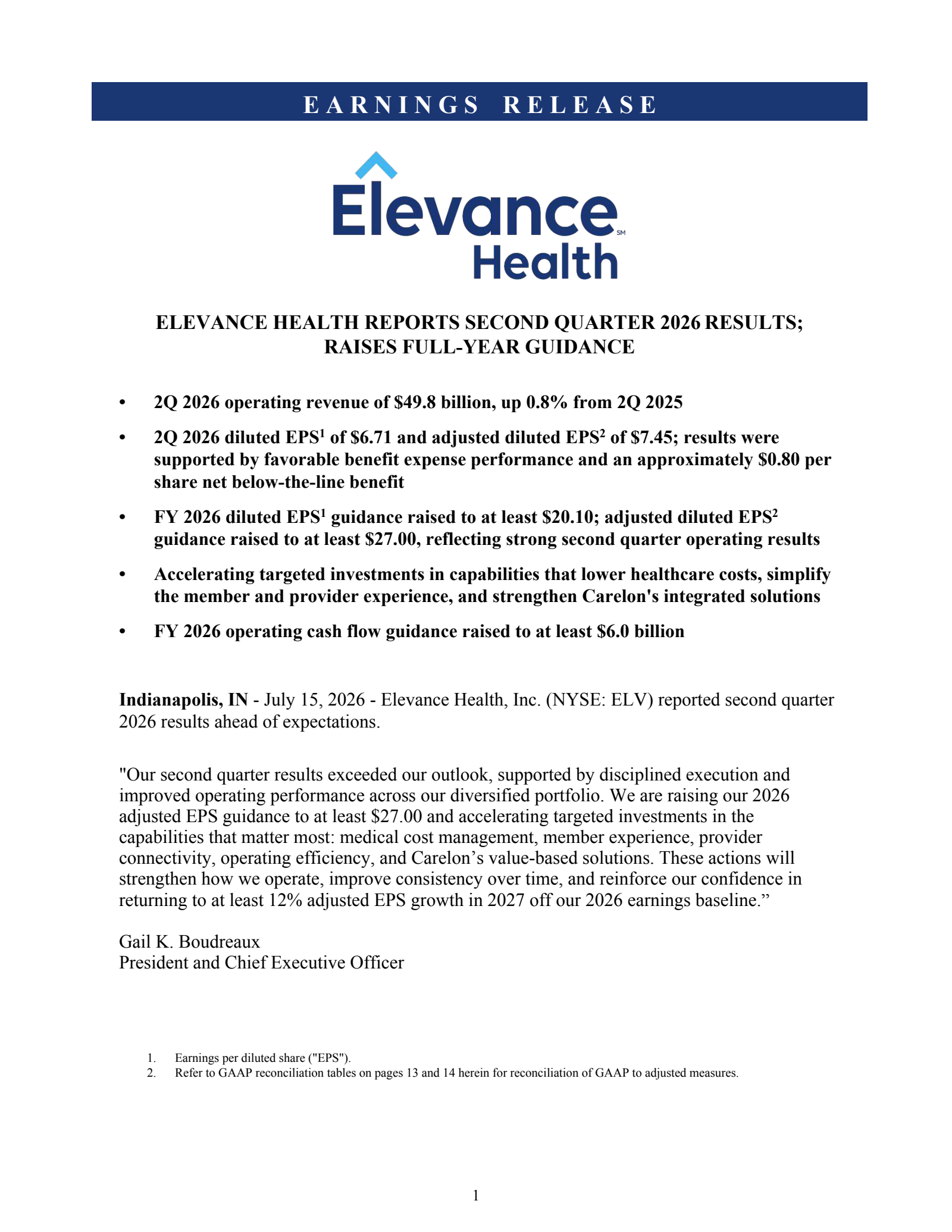 Elevance Health's Q2 2026 Press Release