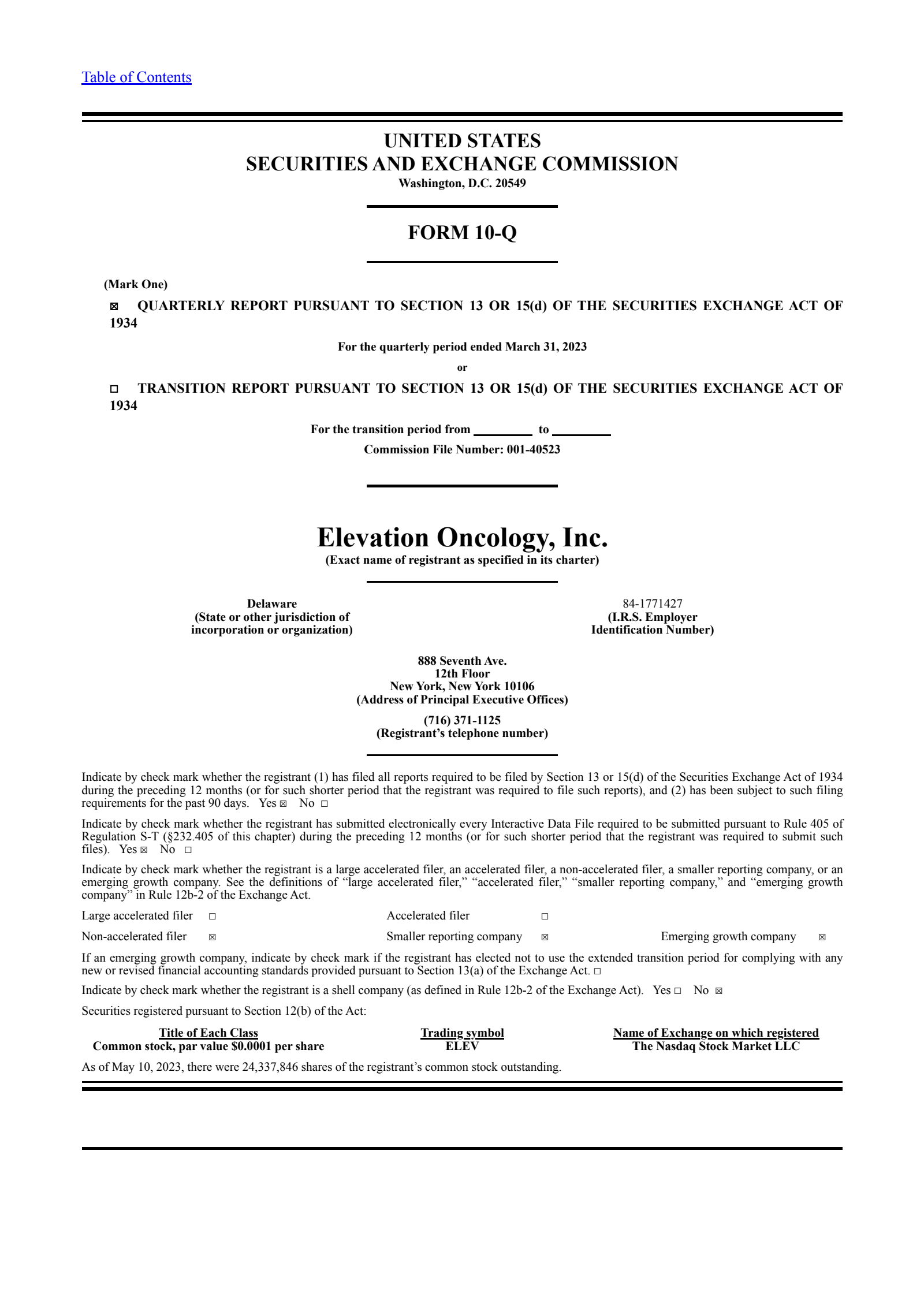 Elevation Oncology's Q1 2023 Quarterly report