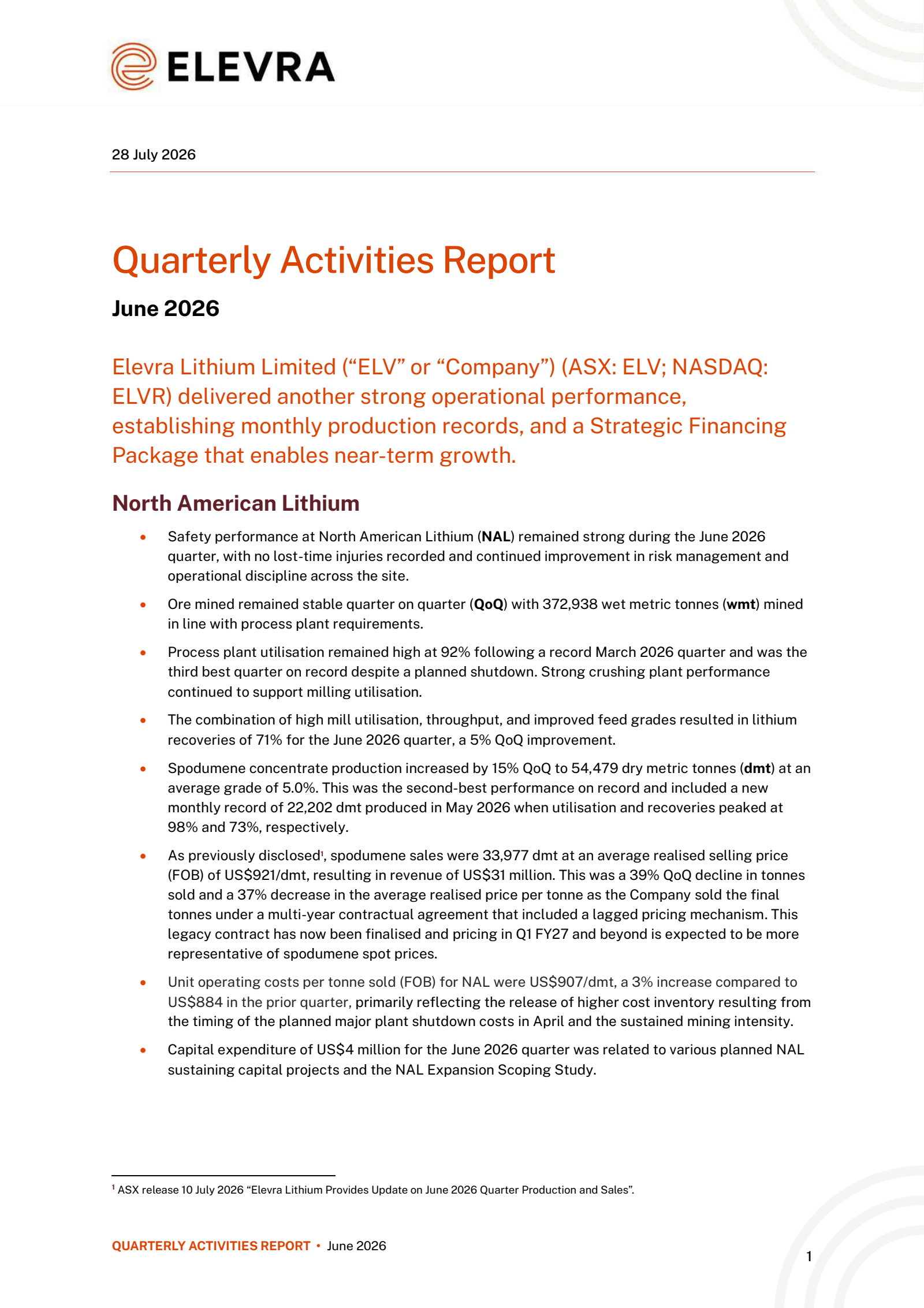 Elevra Lithium's Q4 2026 Press Release