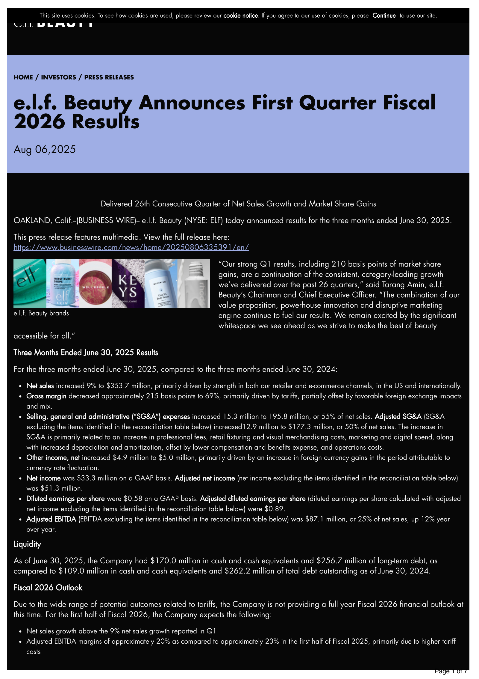 e.l.f. Beauty's Q1 2026 Press Release