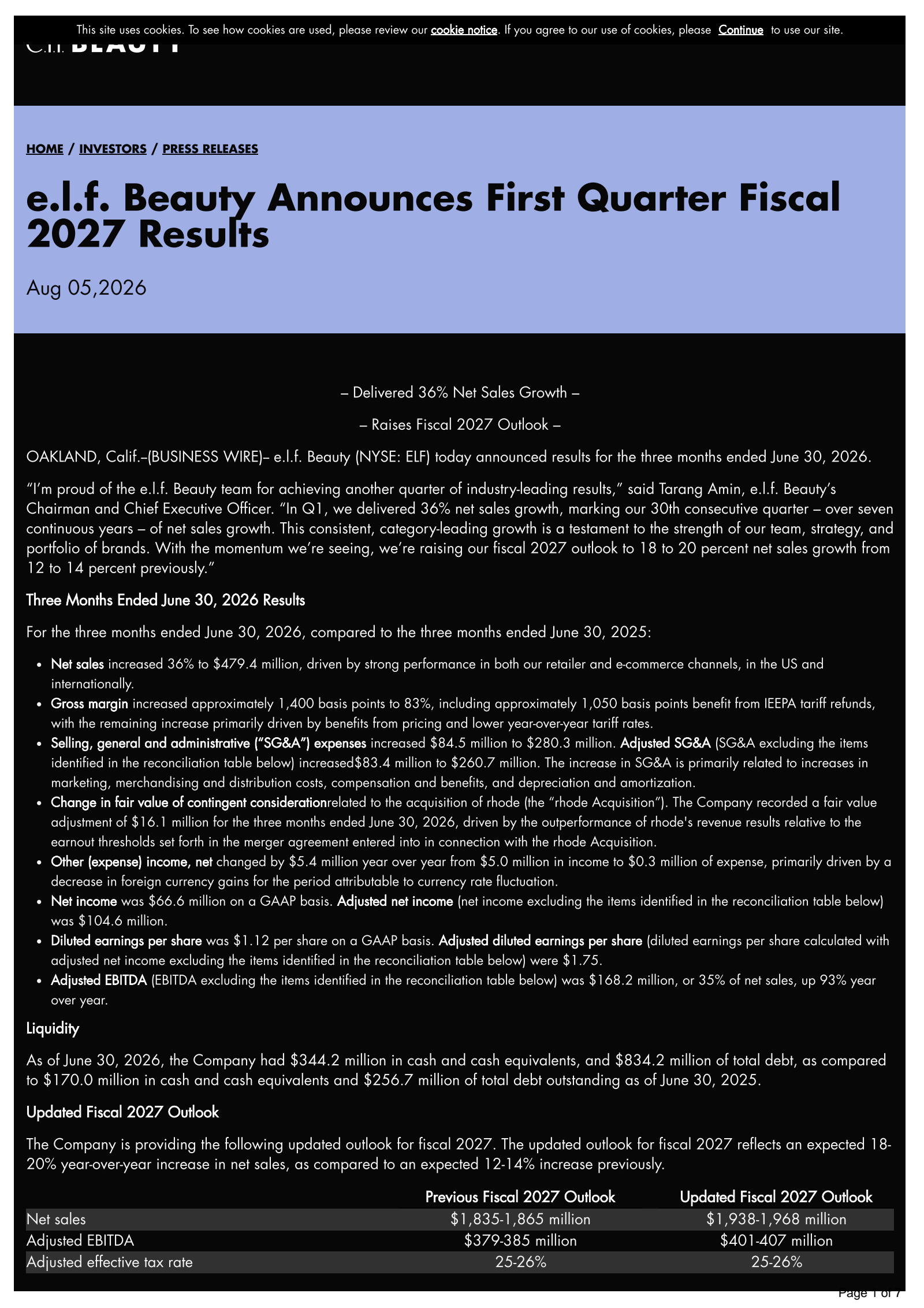 e.l.f. Beauty's Q1 2027 Press Release
