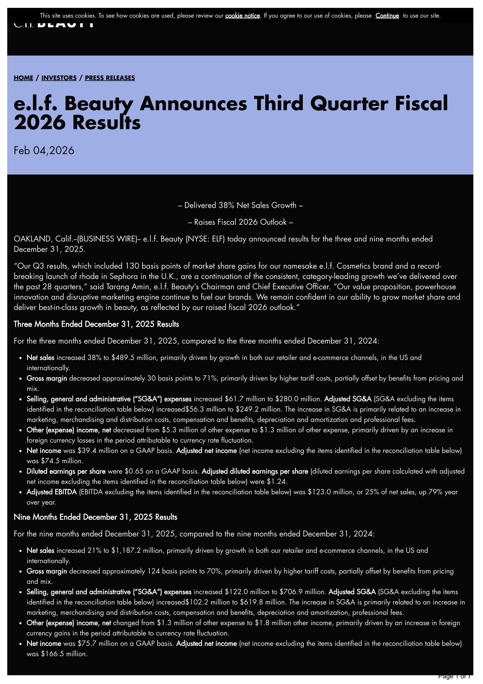 e.l.f. Beauty's Q3 2026 Press Release