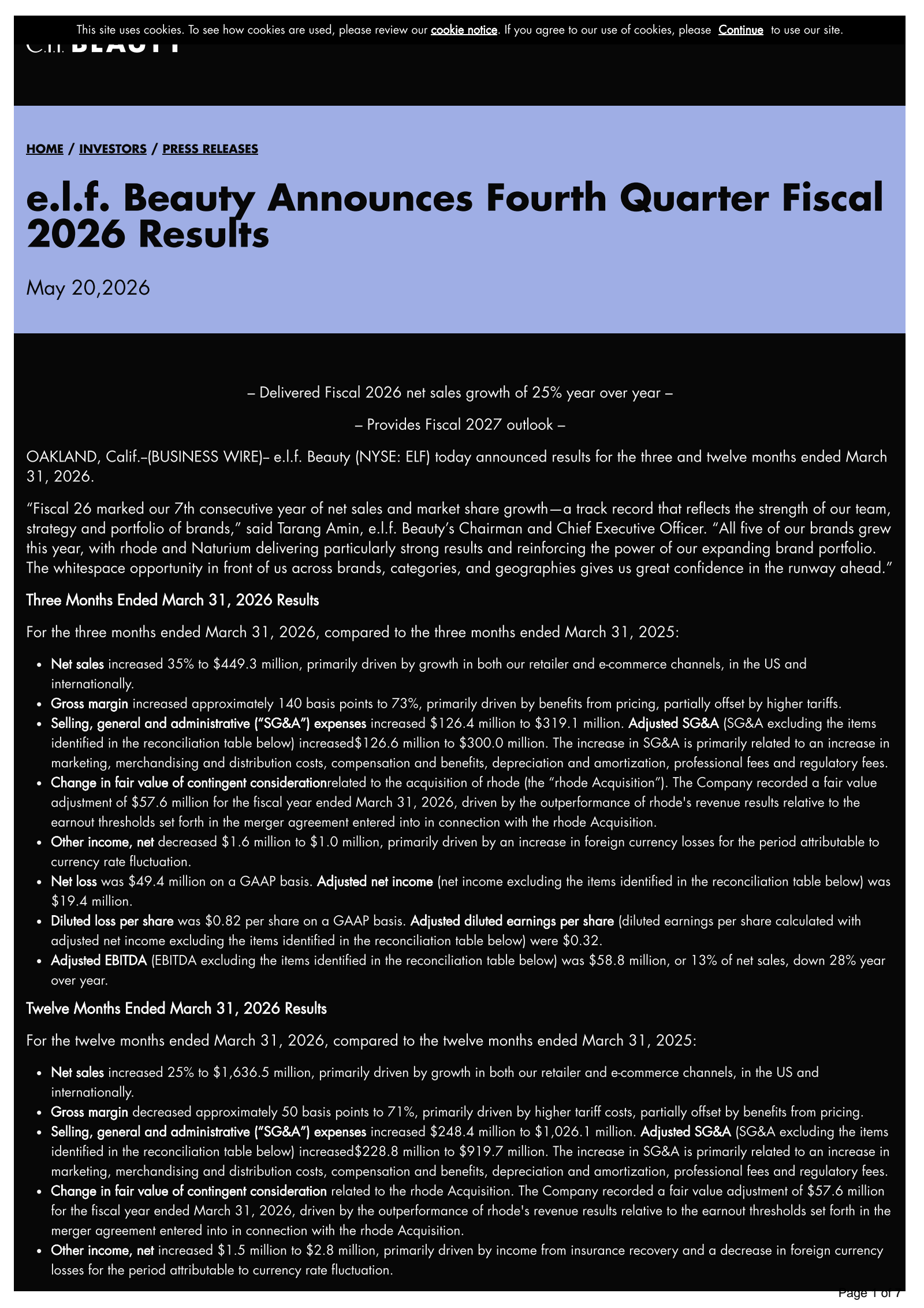 e.l.f. Beauty's Q4 2026 Press Release