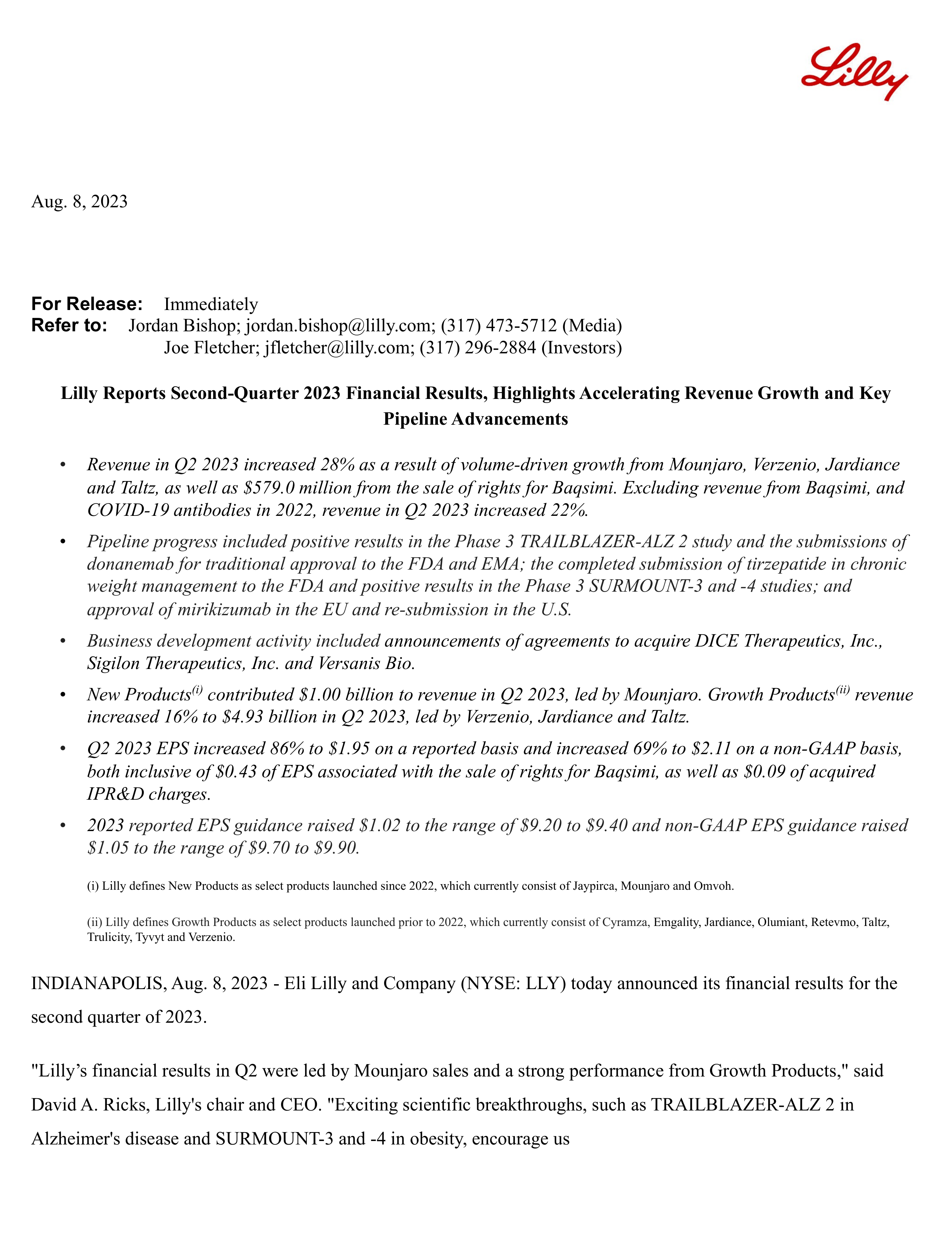 Eli Lilly and Company's Q2 2023 Press Release