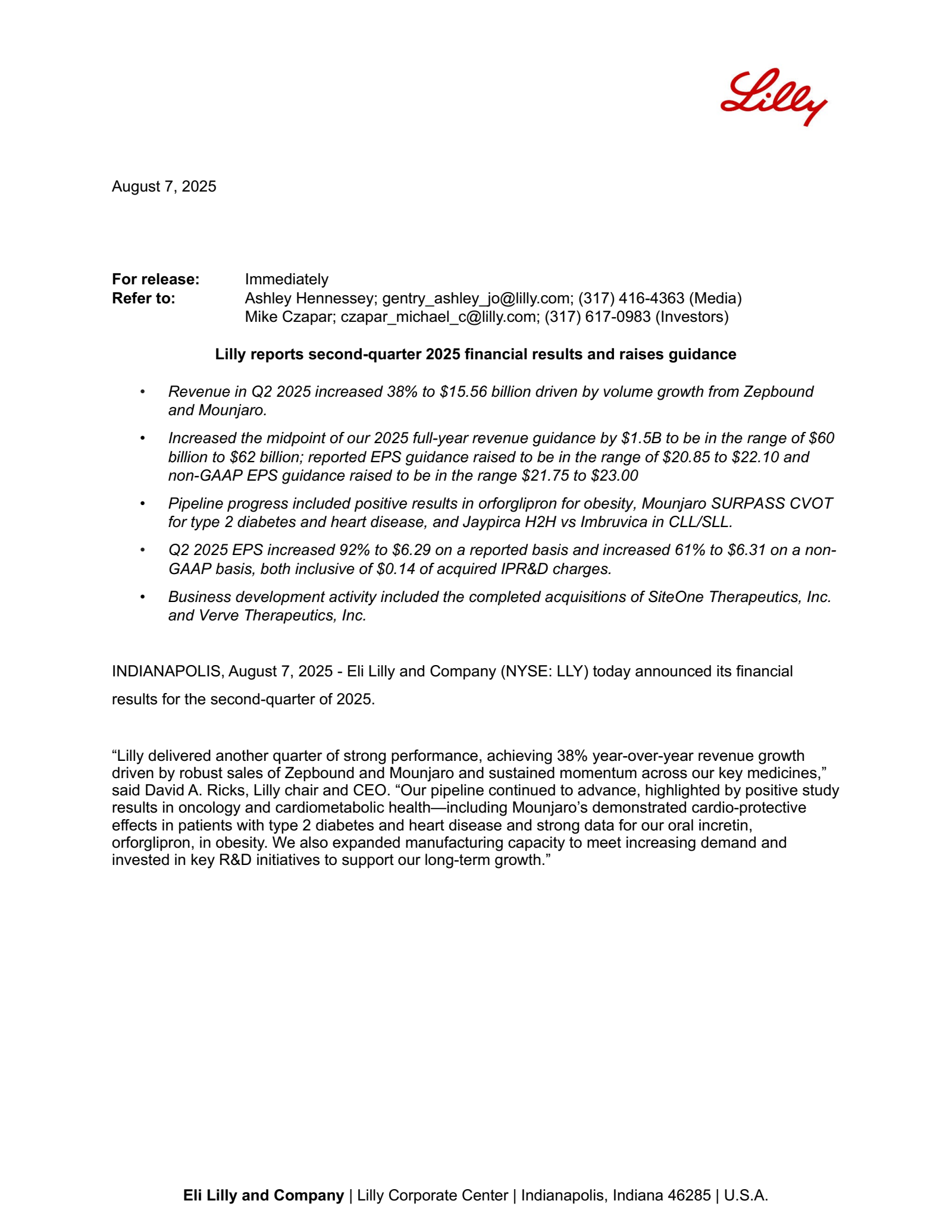 Eli Lilly and Company's Q2 2025 Press Release