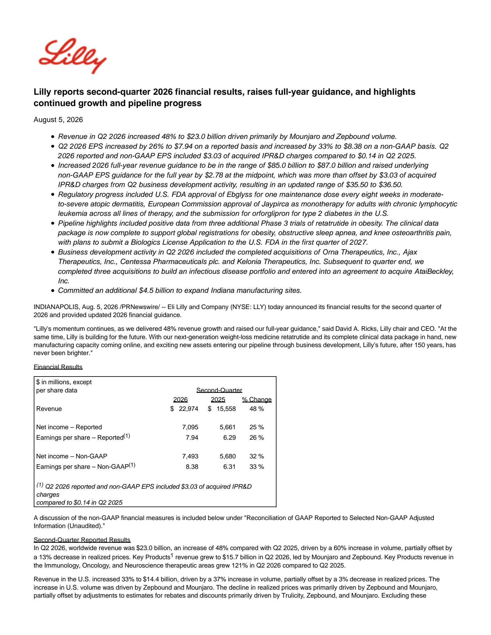 Eli Lilly and Company's Q2 2026 Press Release