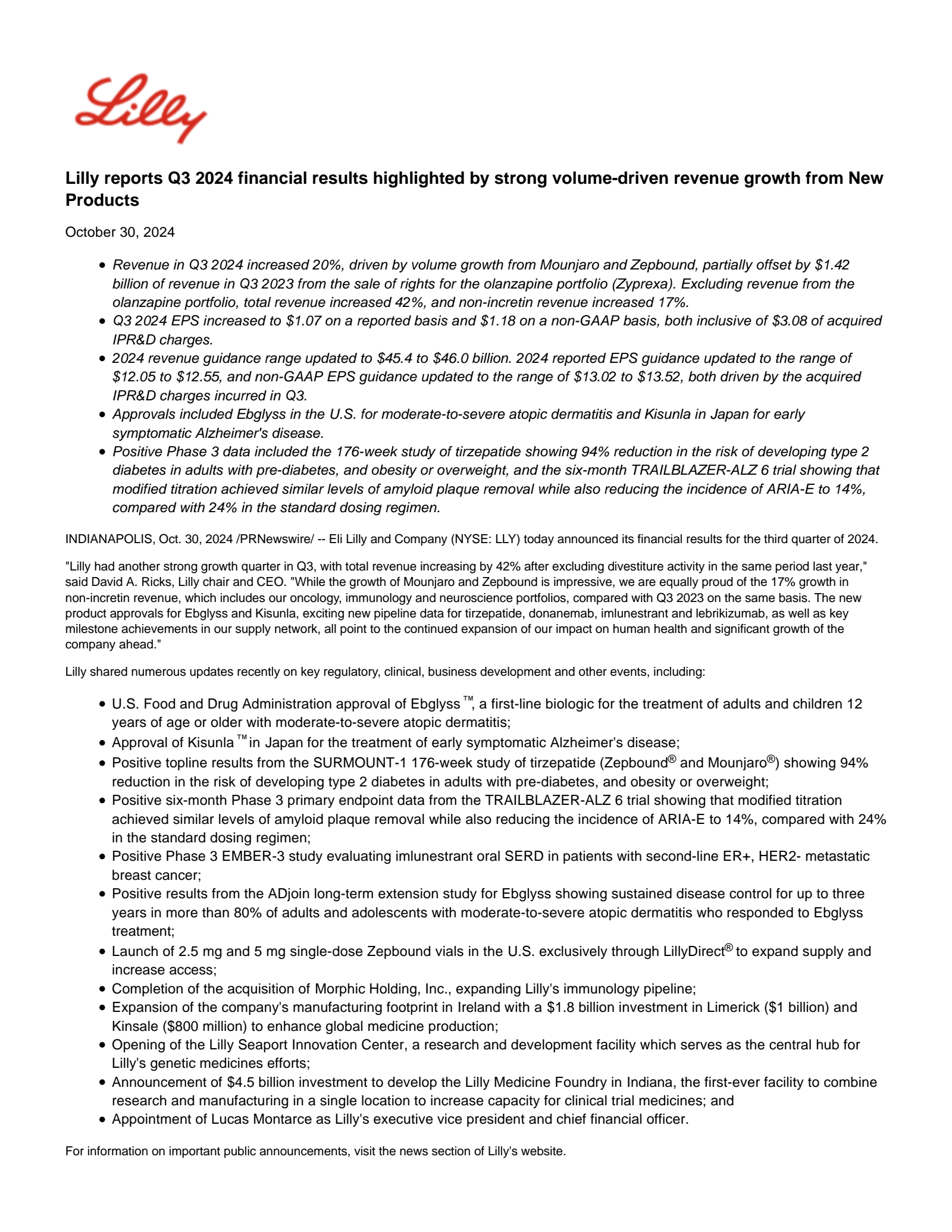 Eli Lilly and Company's Q3 2024 Press Release