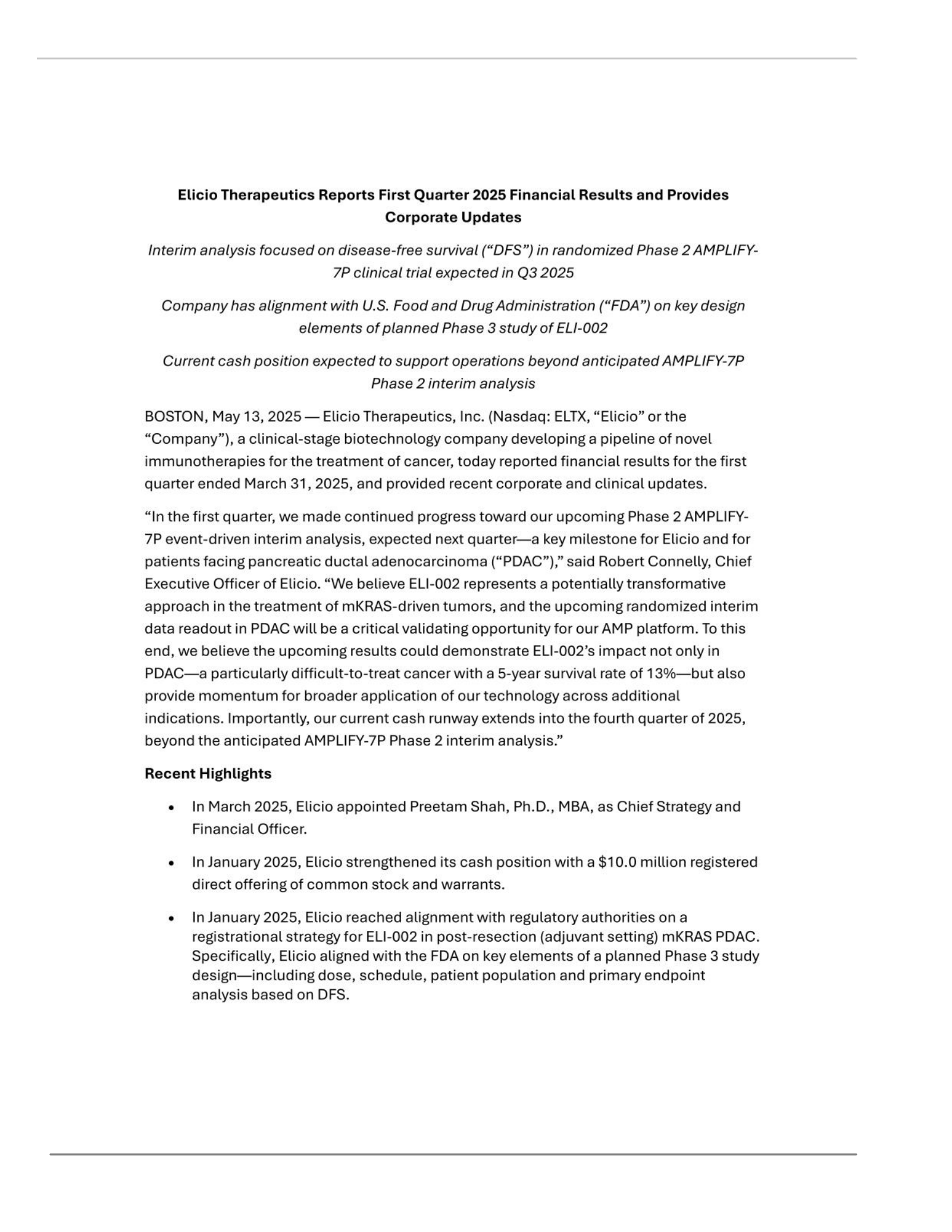 Elicio Therapeutics' Q1 2025 Press Release