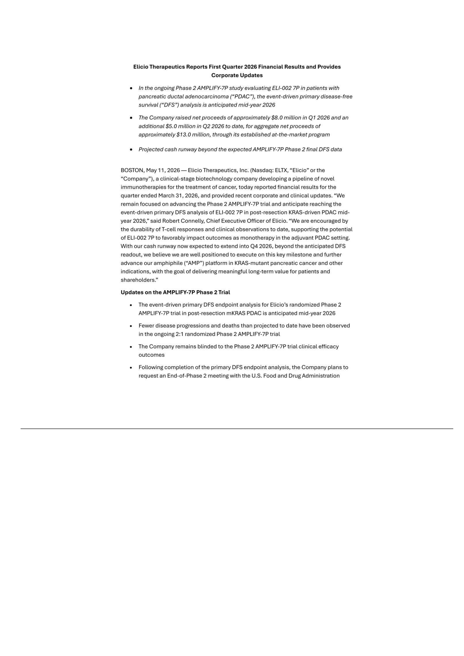 Elicio Therapeutics' Q1 2026 Press Release