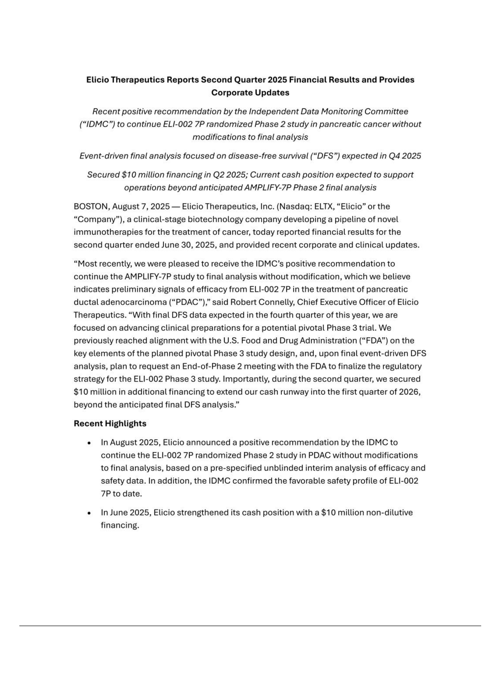 Elicio Therapeutics' Q2 2025 Press Release