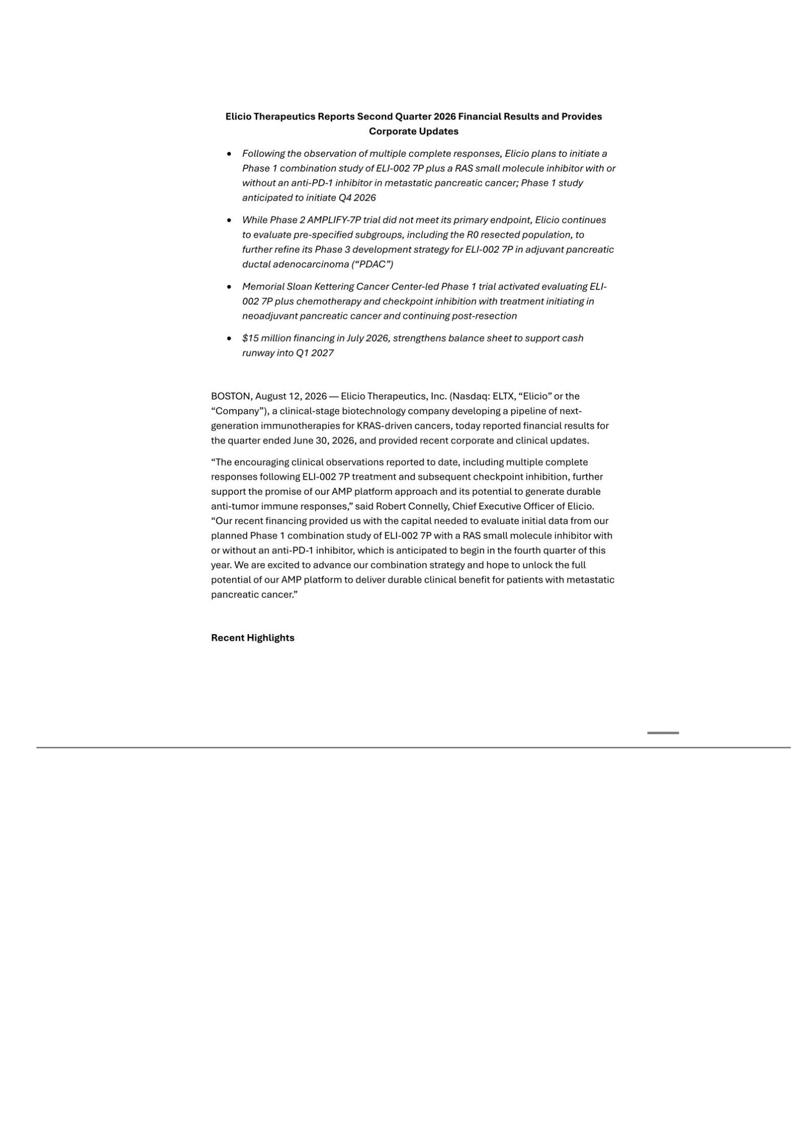 Elicio Therapeutics' Q2 2026 Press Release