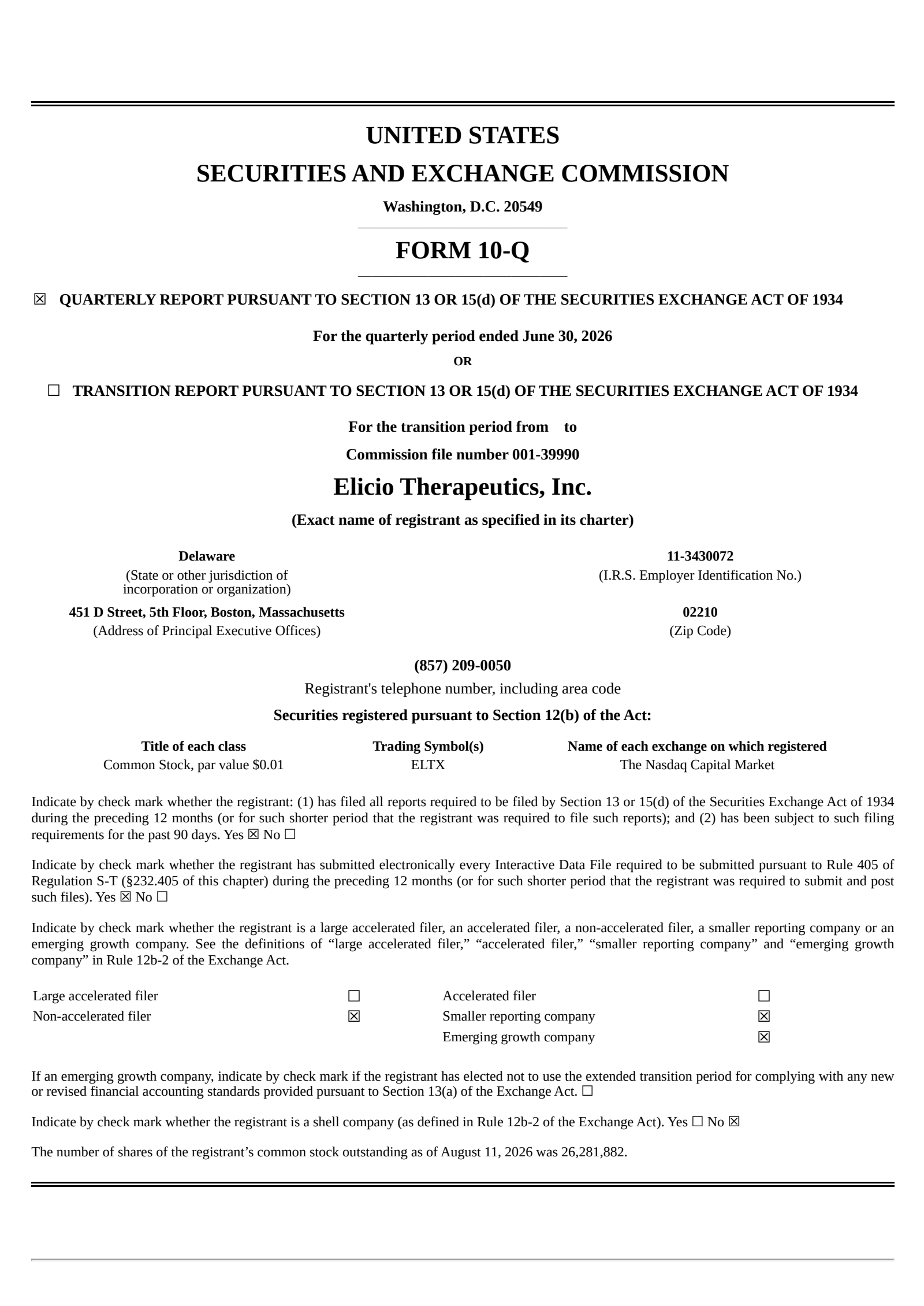 Elicio Therapeutics' Q2 2026 Quarterly report
