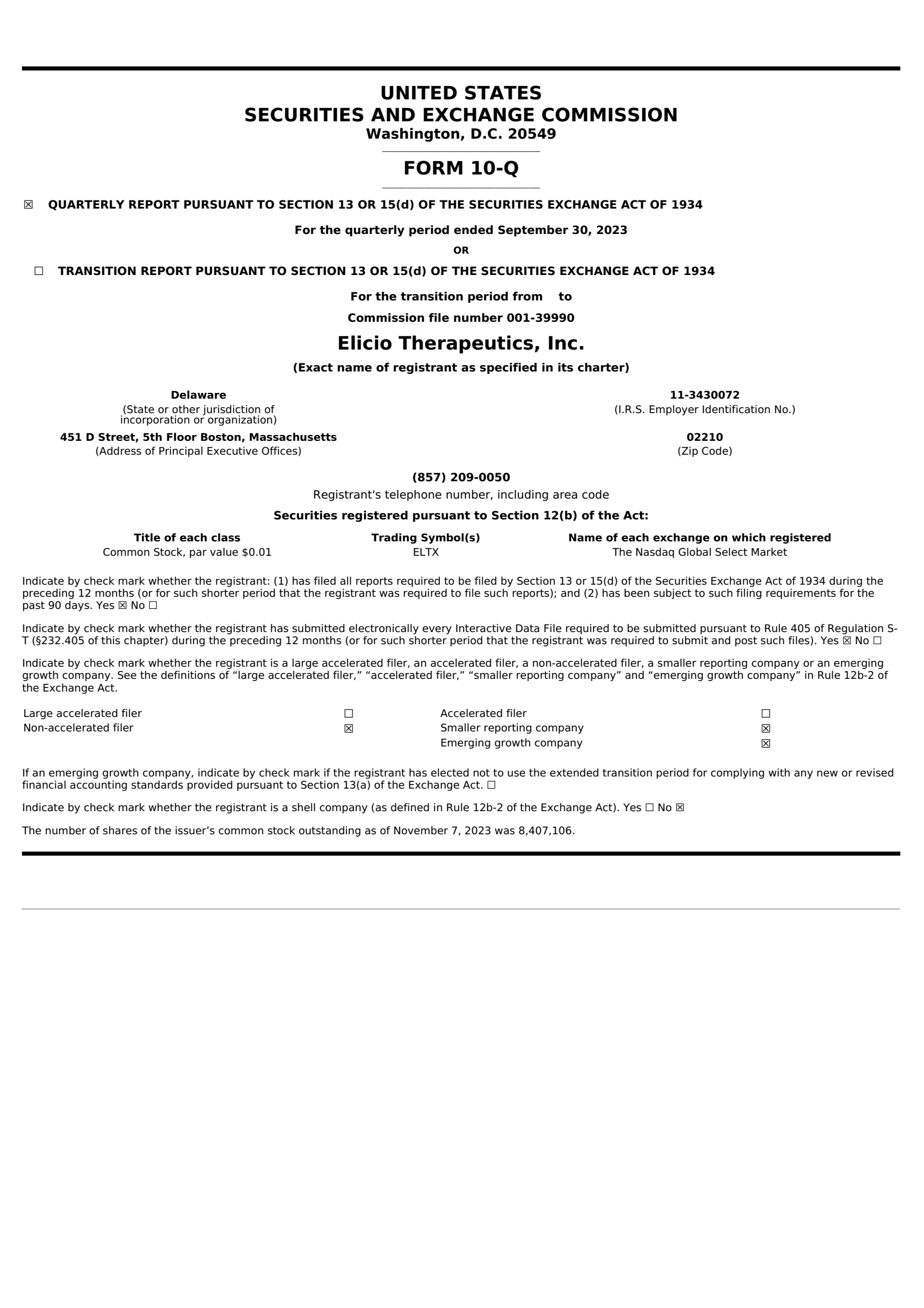 Elicio Therapeutics' Q3 2023 Quarterly Report