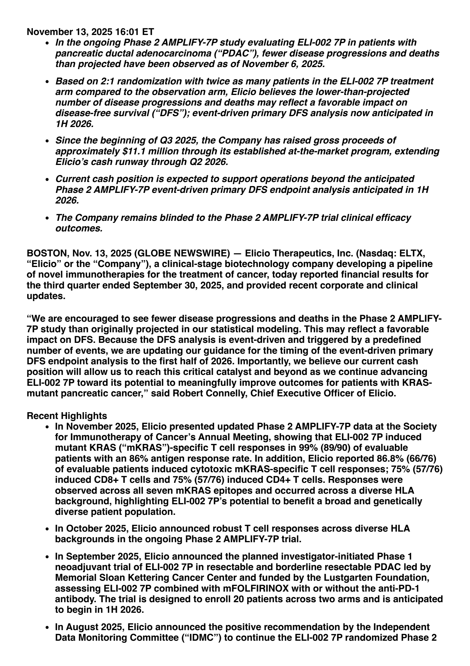 Elicio Therapeutics' Q3 2025 Earnings Release