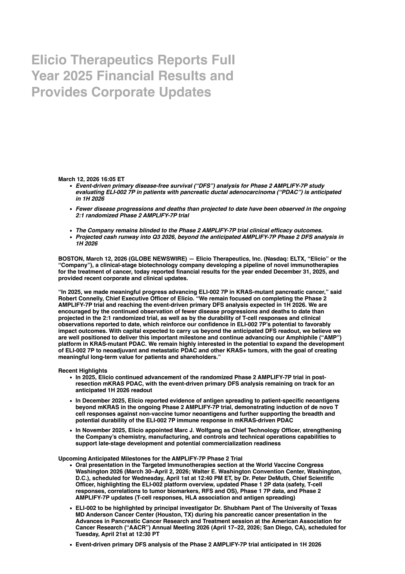 Elicio Therapeutics' Q4 2025 Press Release