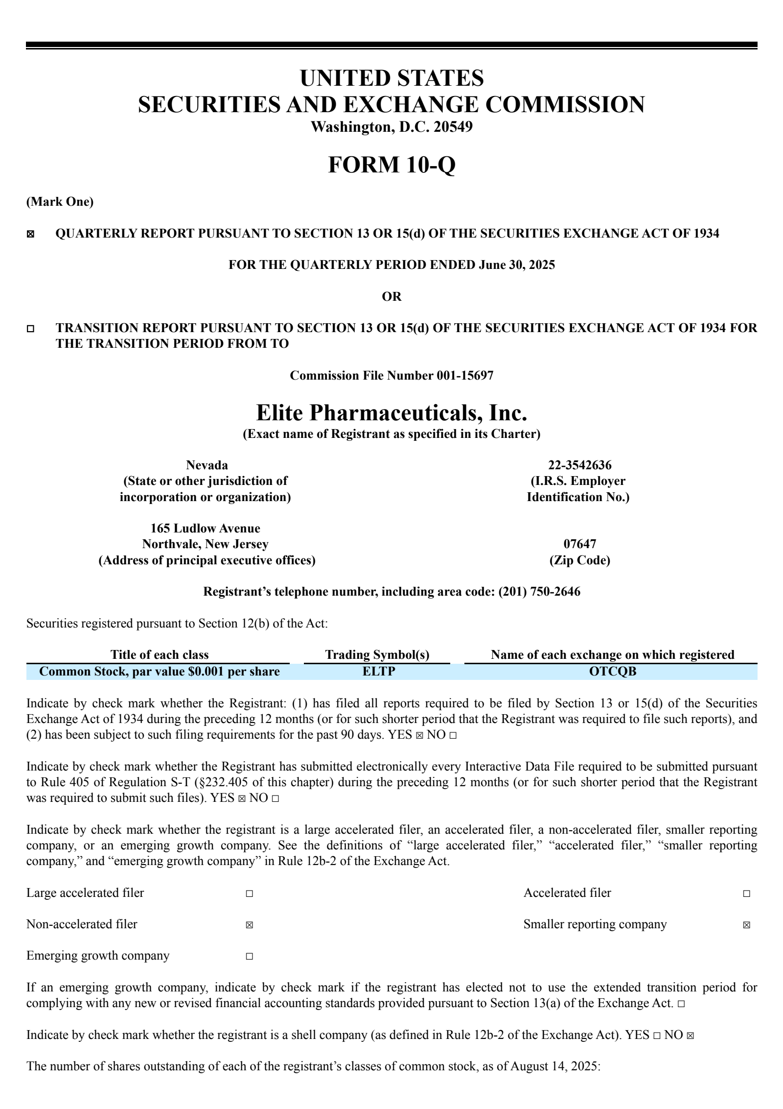 Elite Pharmaceuticals' Q1 2026 Quarterly report
