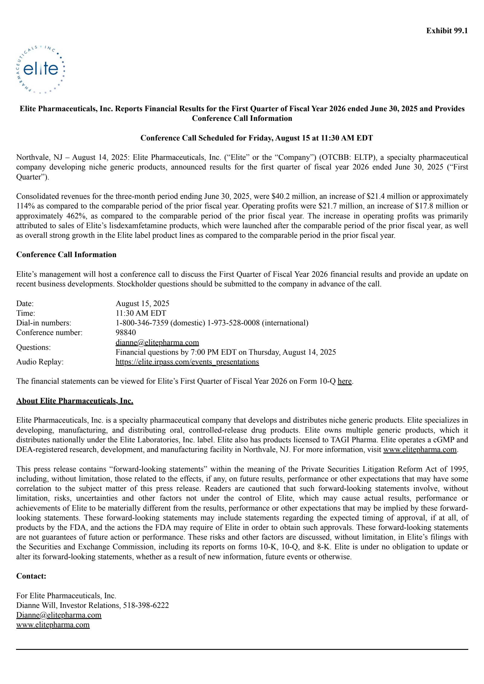 Elite Pharmaceuticals' Q1 2026 Press Release