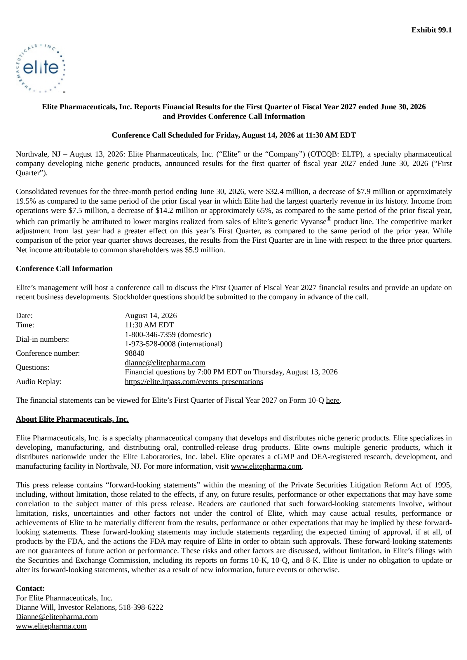 Elite Pharmaceuticals' Q1 2027 Press Release
