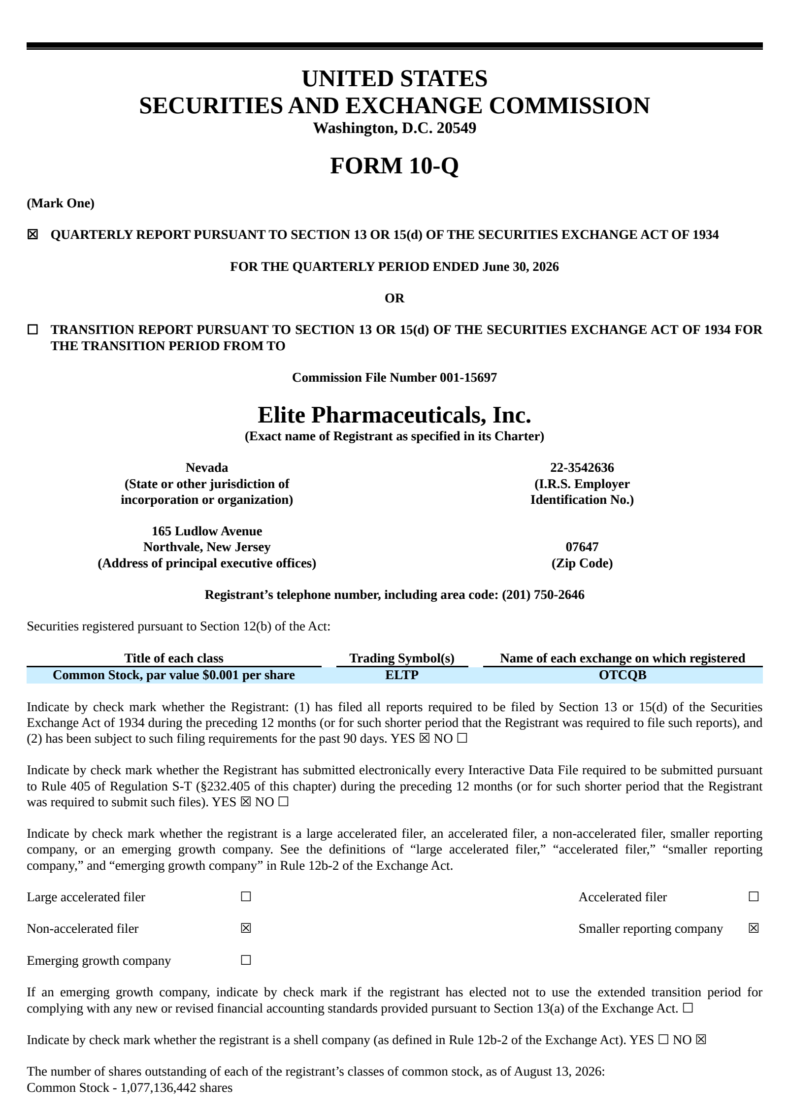 Elite Pharmaceuticals' Q1 2027 Quarterly report