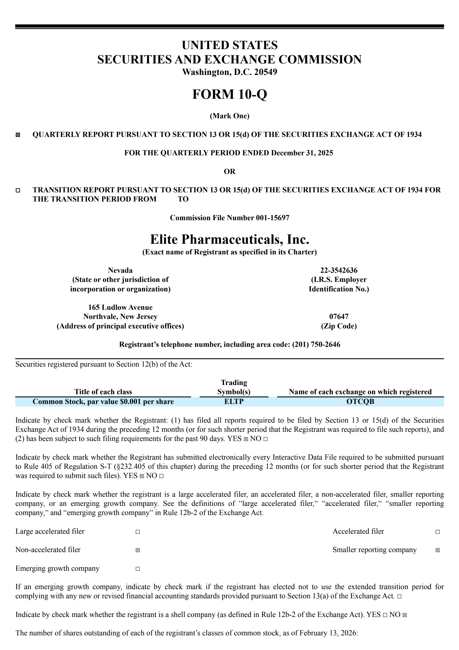 Elite Pharmaceuticals' Q3 2026 Quarterly report