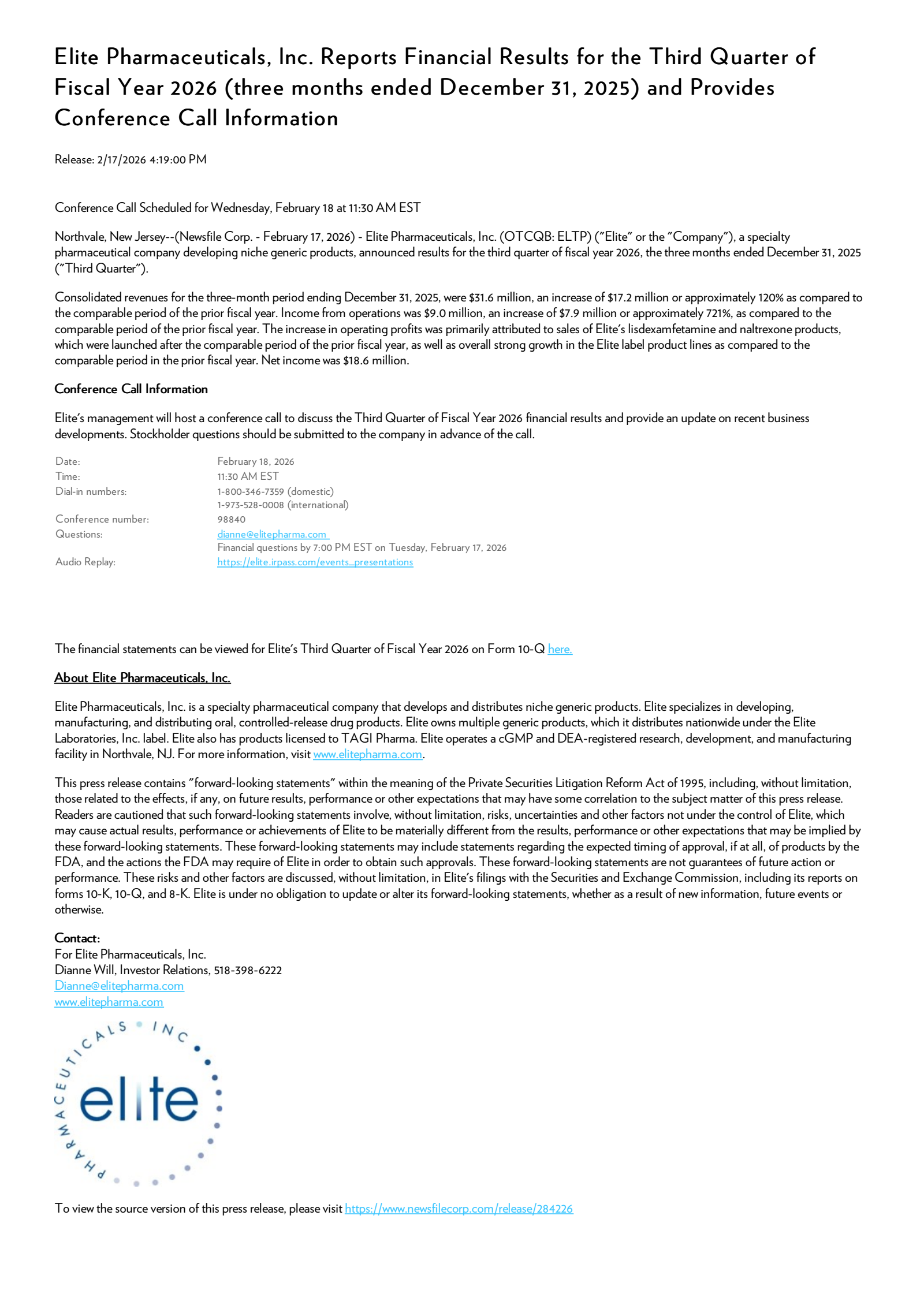 Elite Pharmaceuticals' Q3 2026 Press Release