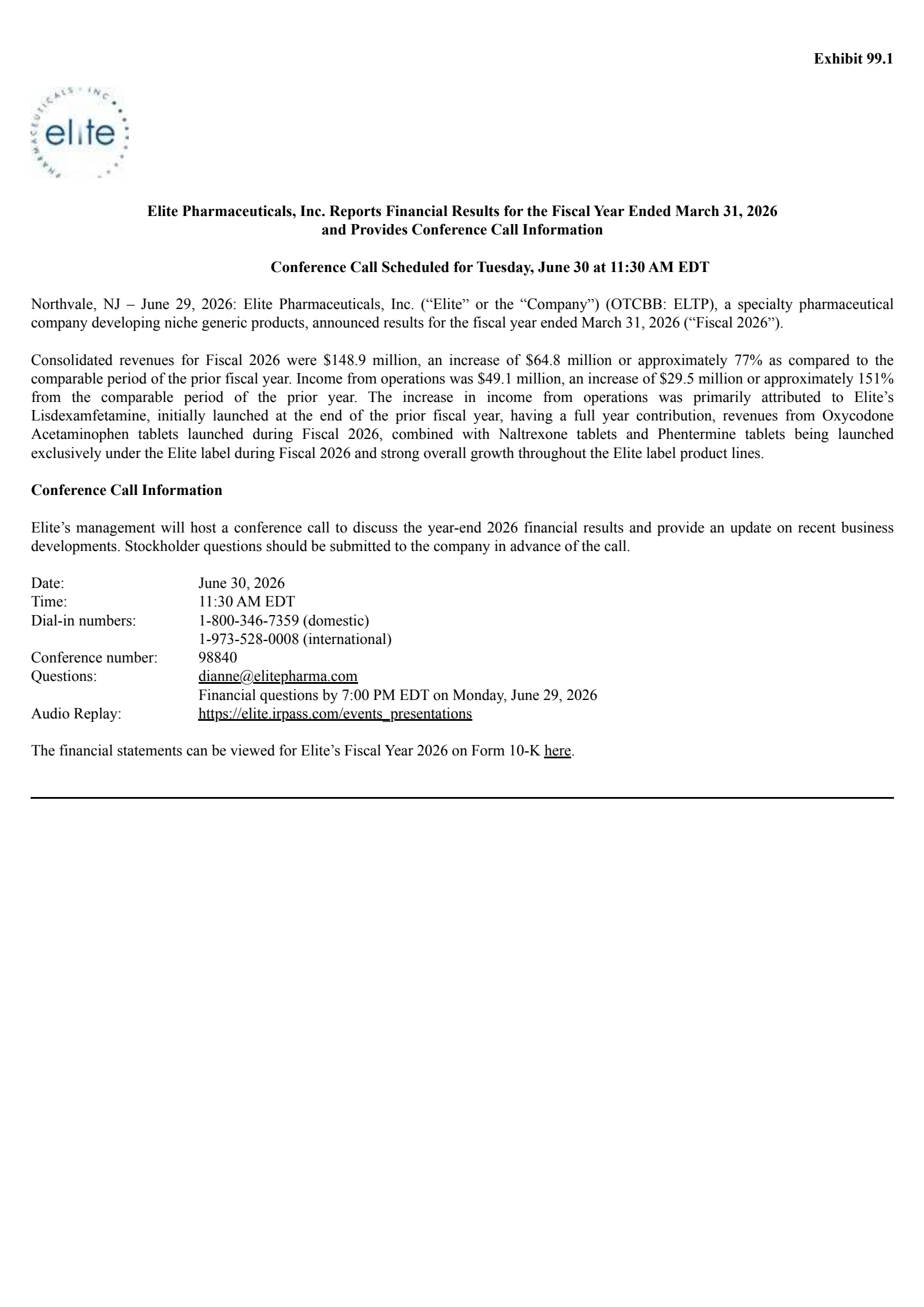Elite Pharmaceuticals' Q4 2026 Press Release